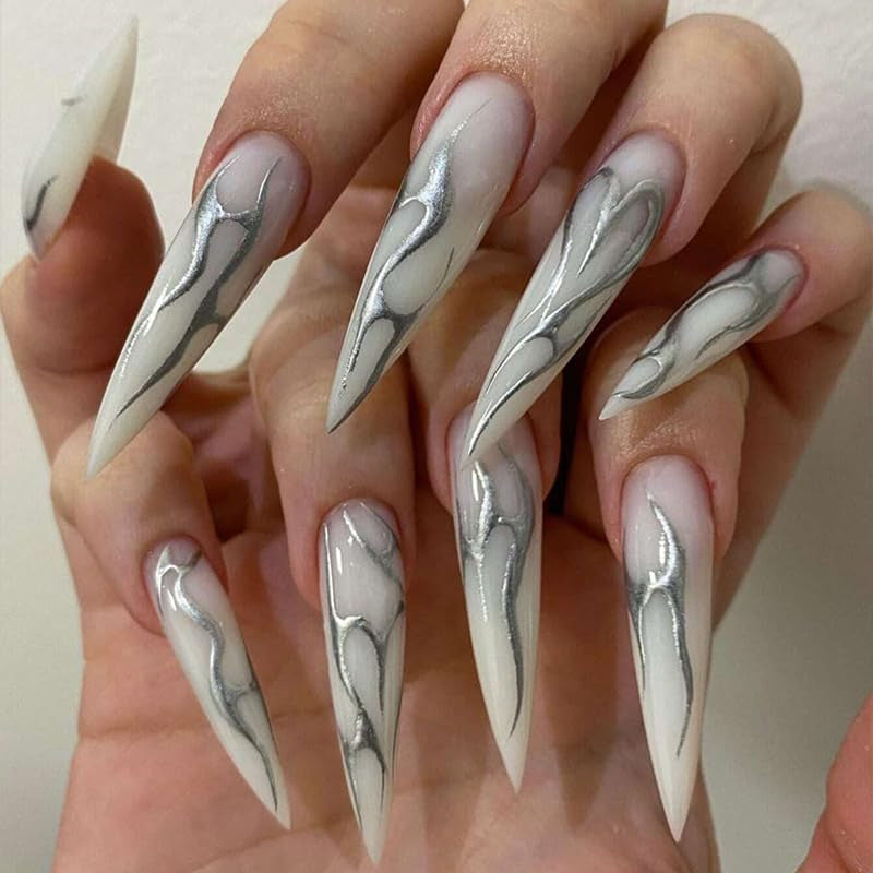 Moonglow Unghie Lunghe Stiletto Bianco Latte Rosa Sfumato Glitter Unghie Finte Fresche Con Colla Unghie Artificiali Glitter Rosa Ombre