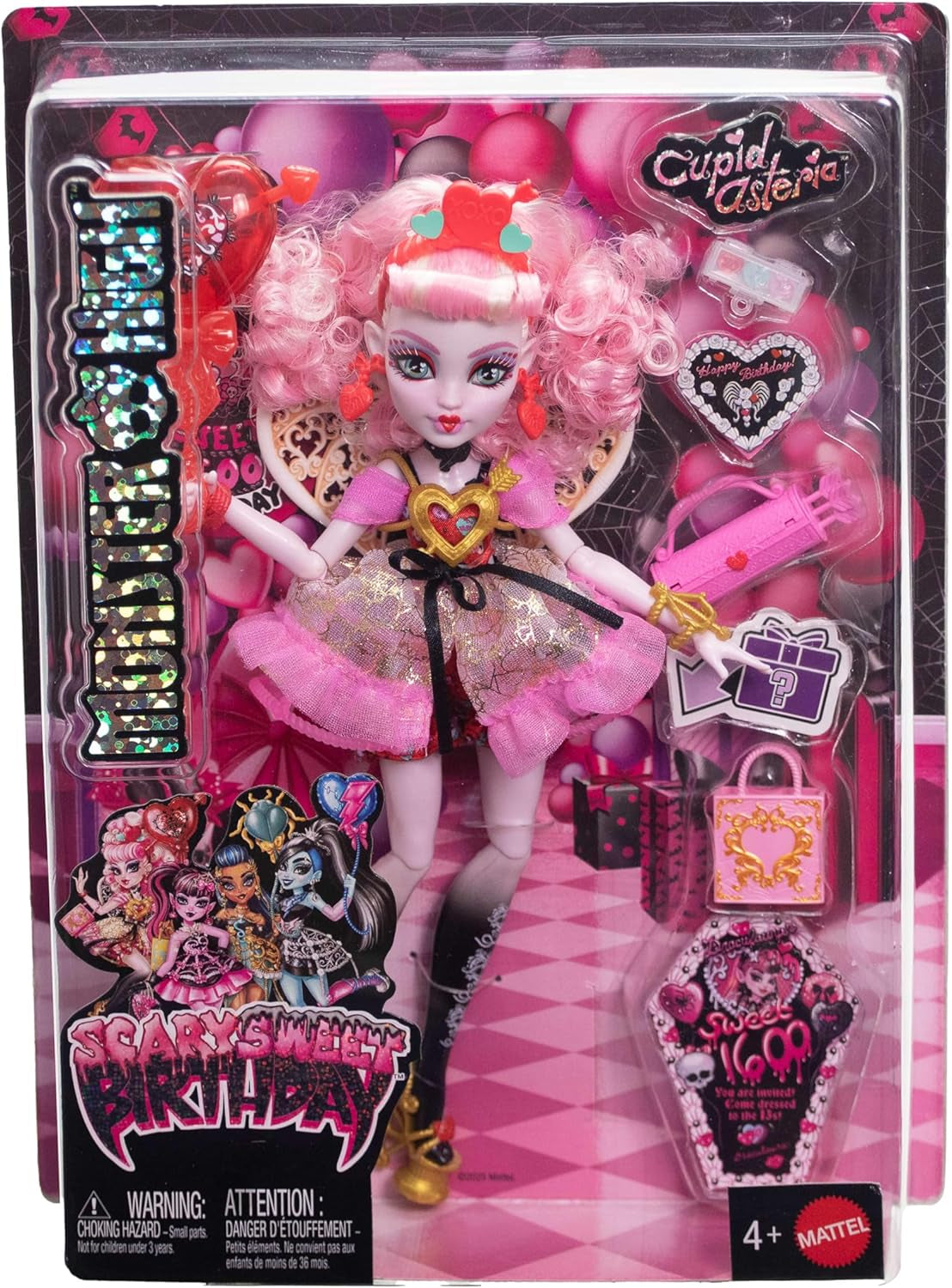 Monster High Scary Sweet Birthday Cupido Asteria bambola in abito da festa rosa e rosso con accessori a tema come invito, palloncino, regalo e altro, JBG77