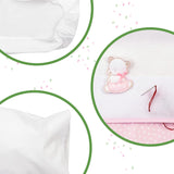 Completo lenzuola navicella bianco e rosa, composto da 1 lenzuolo con angoli, 1 lenzuolo sopra con nastro Aida per ricamo e 1 federa, 100% cotone, Trapunte e trapunte Made in Italy Naty Shop
