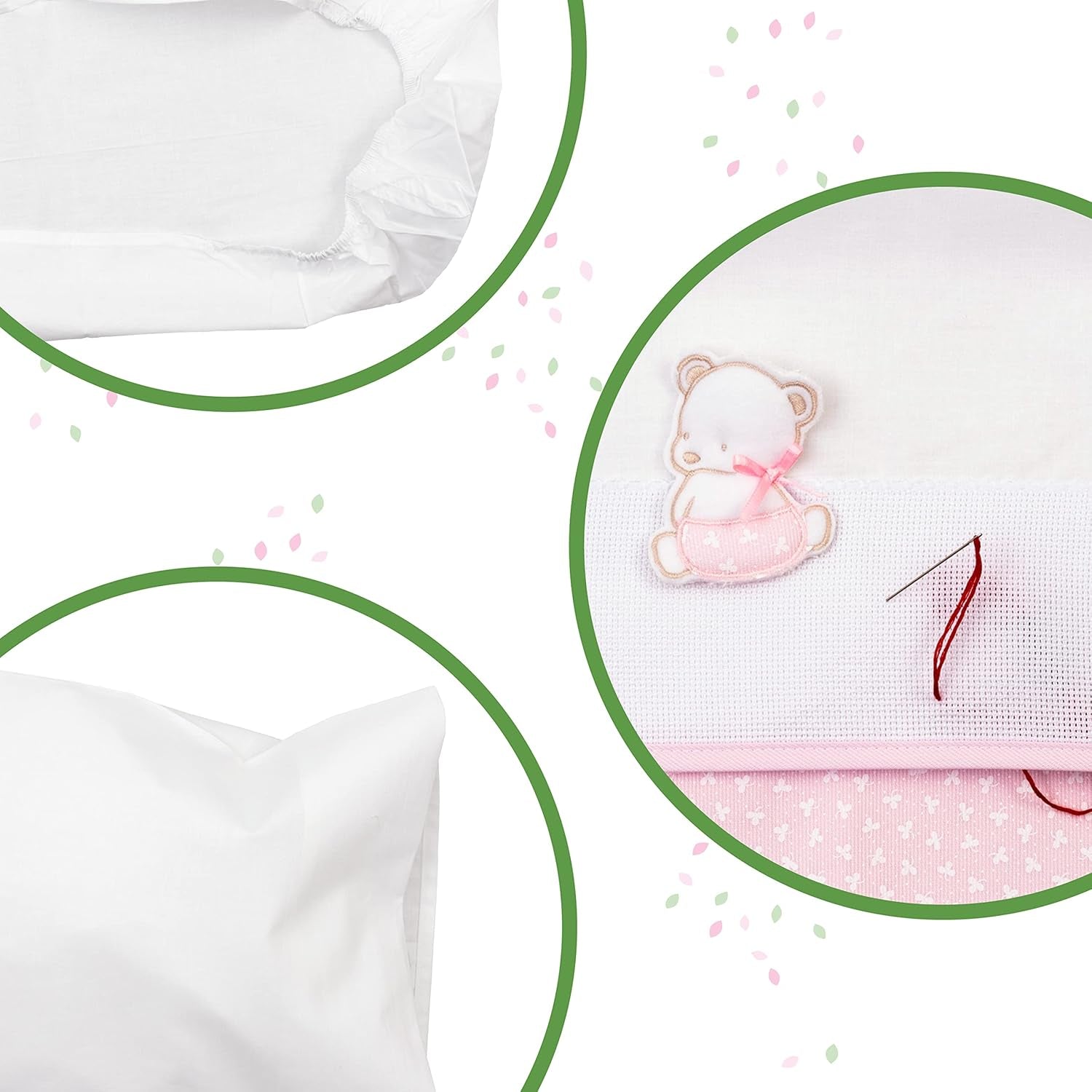 Completo lenzuola navicella bianco e rosa, composto da 1 lenzuolo con angoli, 1 lenzuolo sopra con nastro Aida per ricamo e 1 federa, 100% cotone, Trapunte e trapunte Made in Italy Naty Shop