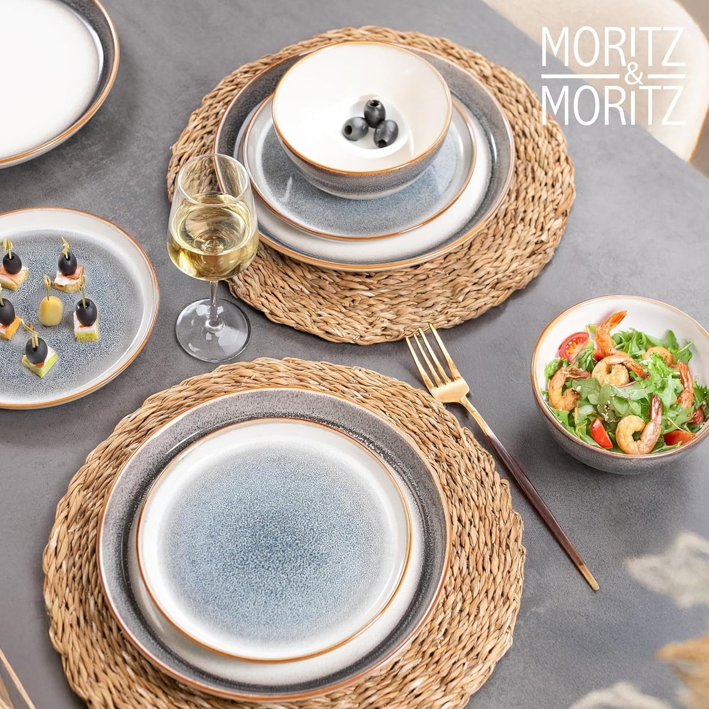 Moritz & Moritz TARENTO Servizio Piatti 24 Pezzi per 6, Grigio - Elegante Set di Piatti in Gres di Alta Qualità - Il set di stoviglie comprende 6 piatti piani, 6 piatti da dessert, 6 piatti piani e 6 tazze