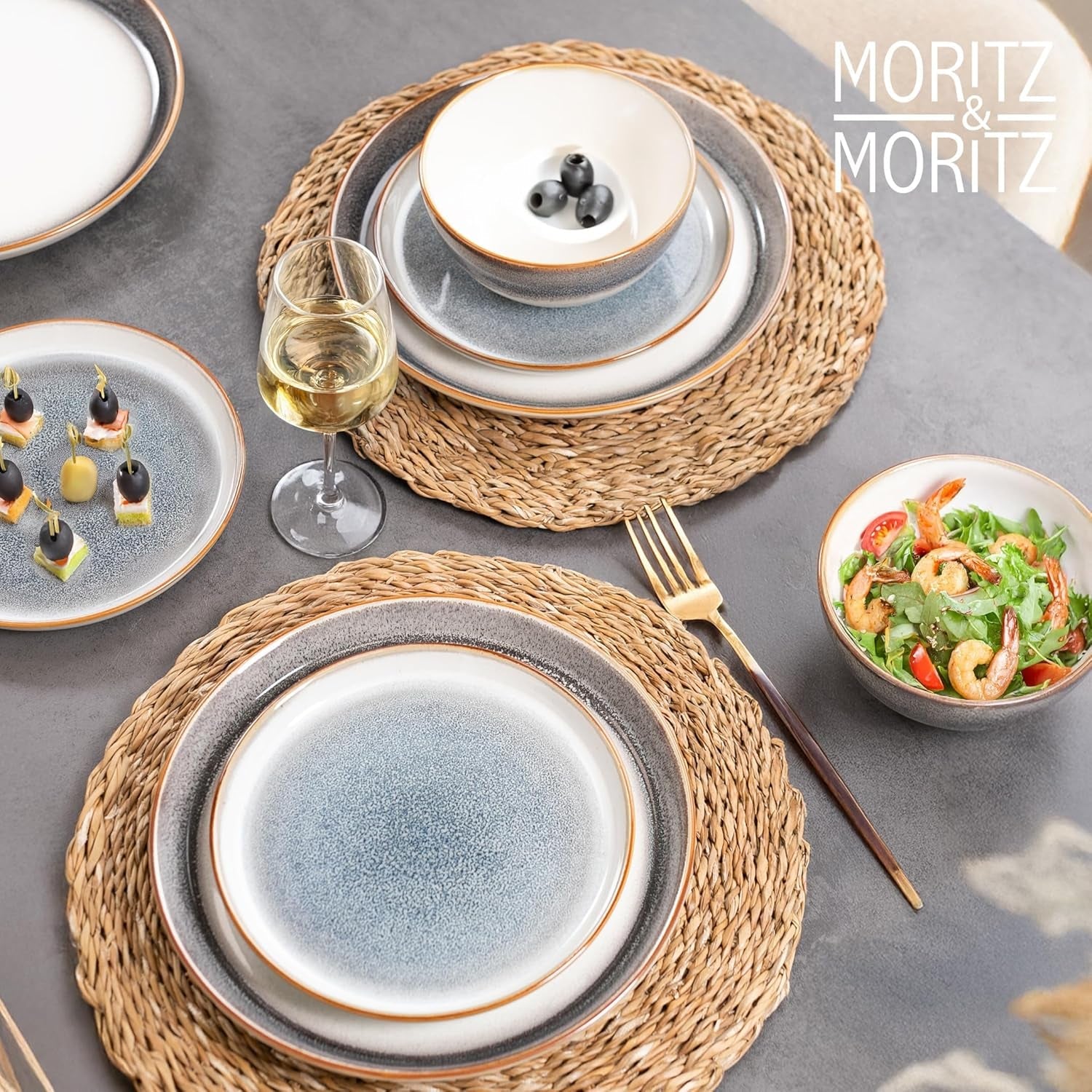 Moritz & Moritz TARENTO Servizio Piatti 24 Pezzi per 6, Grigio - Elegante Set di Piatti in Gres di Alta Qualità - Il set di stoviglie comprende 6 piatti piani, 6 piatti da dessert, 6 piatti piani e 6 tazze