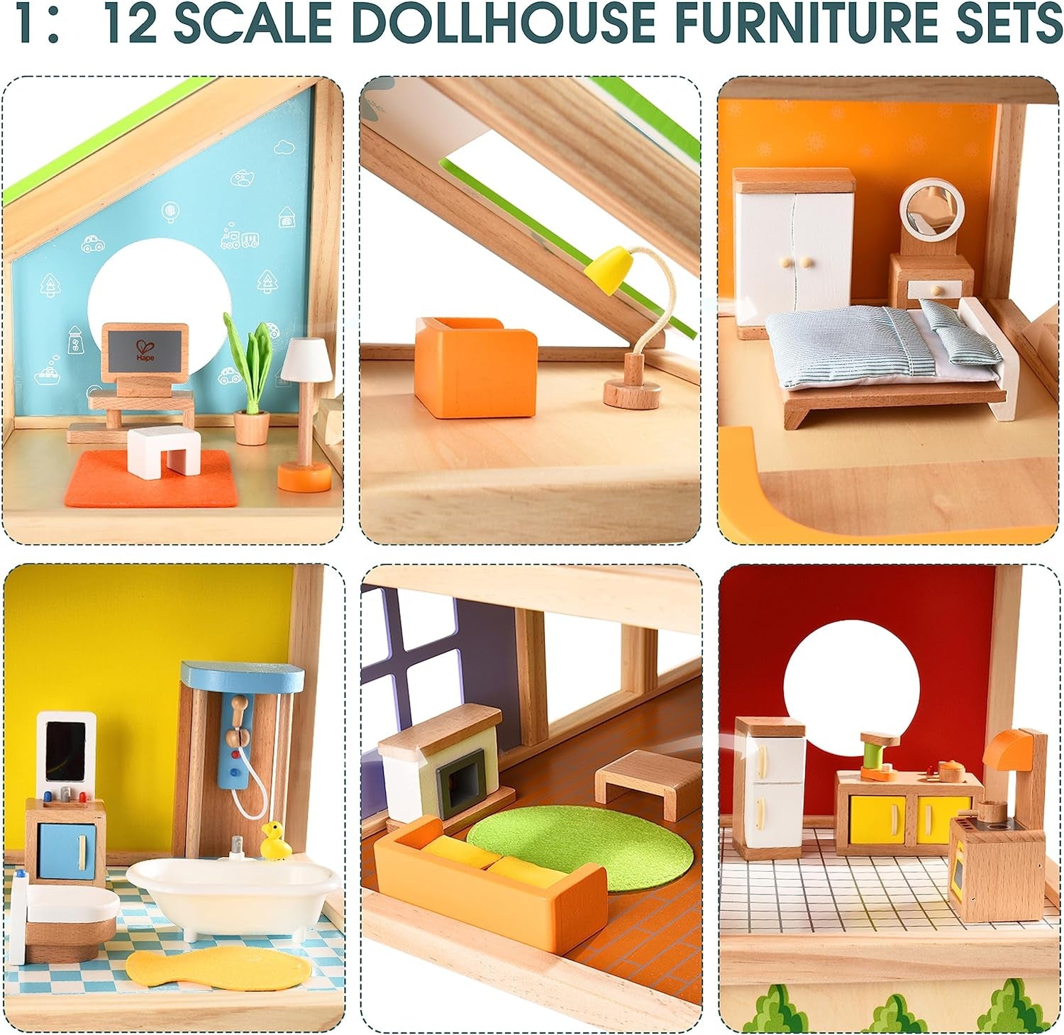 Casa delle bambole in legno Hape Four Seasons Pluripremiata casa delle bambole a tre piani con mobili, accessori, scale mobili e tetto reversibile per ogni stagione Case delle bambole Naty Shop