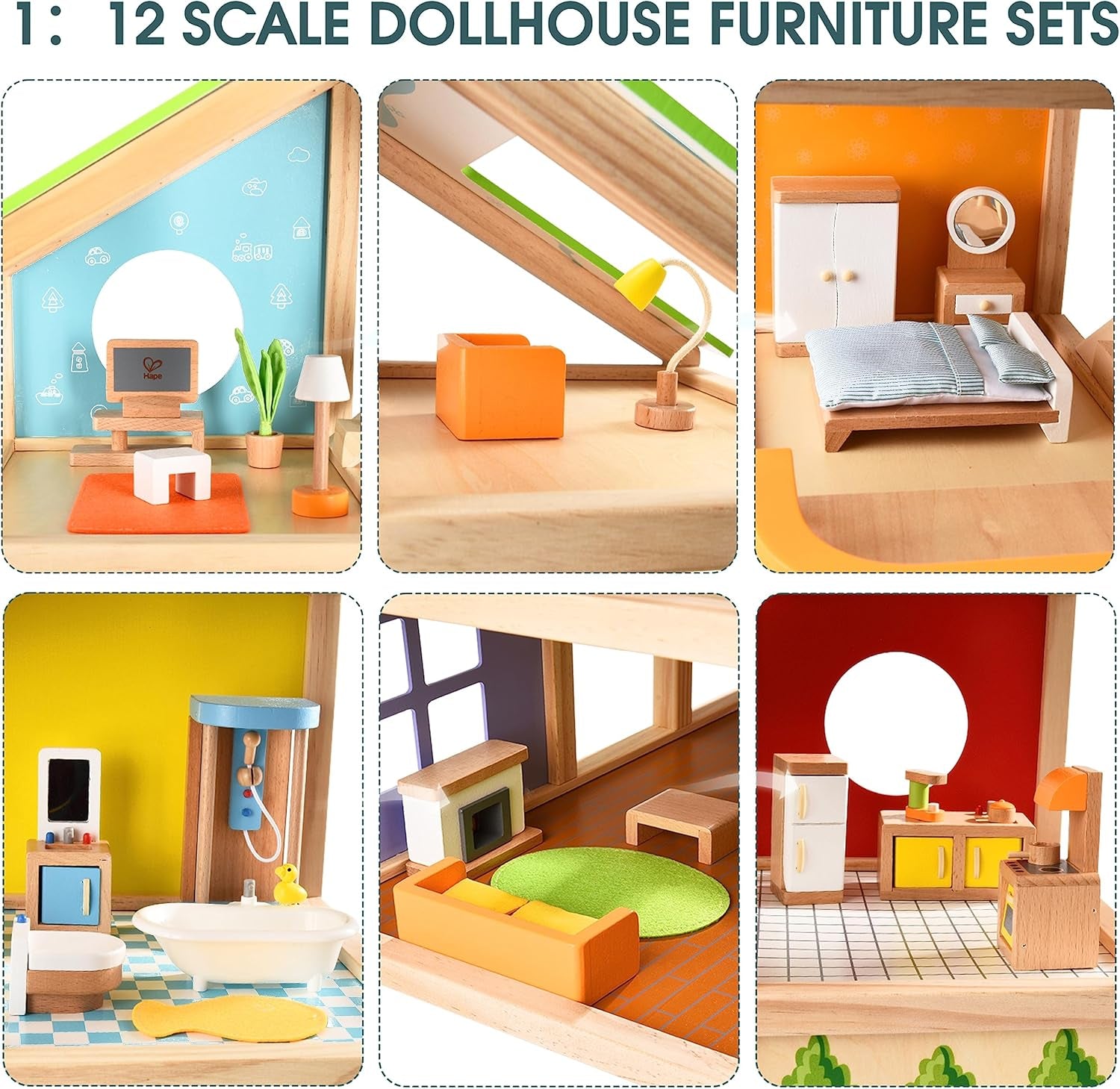Casa delle bambole Hape Four Seasons - pluripremiata casa delle bambole in legno a tre piani con mobili, accessori, scale scorrevoli e tetto reversibile per tutte le stagioni, per bambini dai 3 anni in su