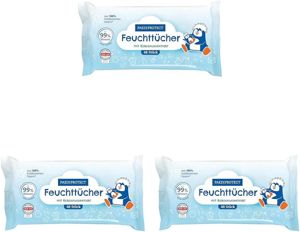 Salviette umide PAEDIPROTECT 1 x 10 pezzi, salviette umide per bambini sensibili con acqua al 99% d'acqua, senza profumo, per pelle delicata di neonati e bambini, con estratto di cocco, senza microplastiche, vegane (confezione da 5)