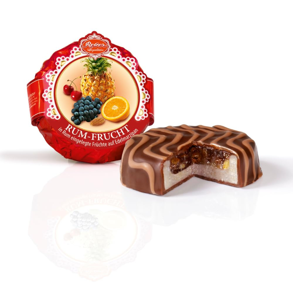 Pasta al cioccolato al rum e frutti Reber, frutta imbevuta di rum su finissimo marzapane, ricoperta di finissimo cioccolato fondente, 39g (1 pezzo)