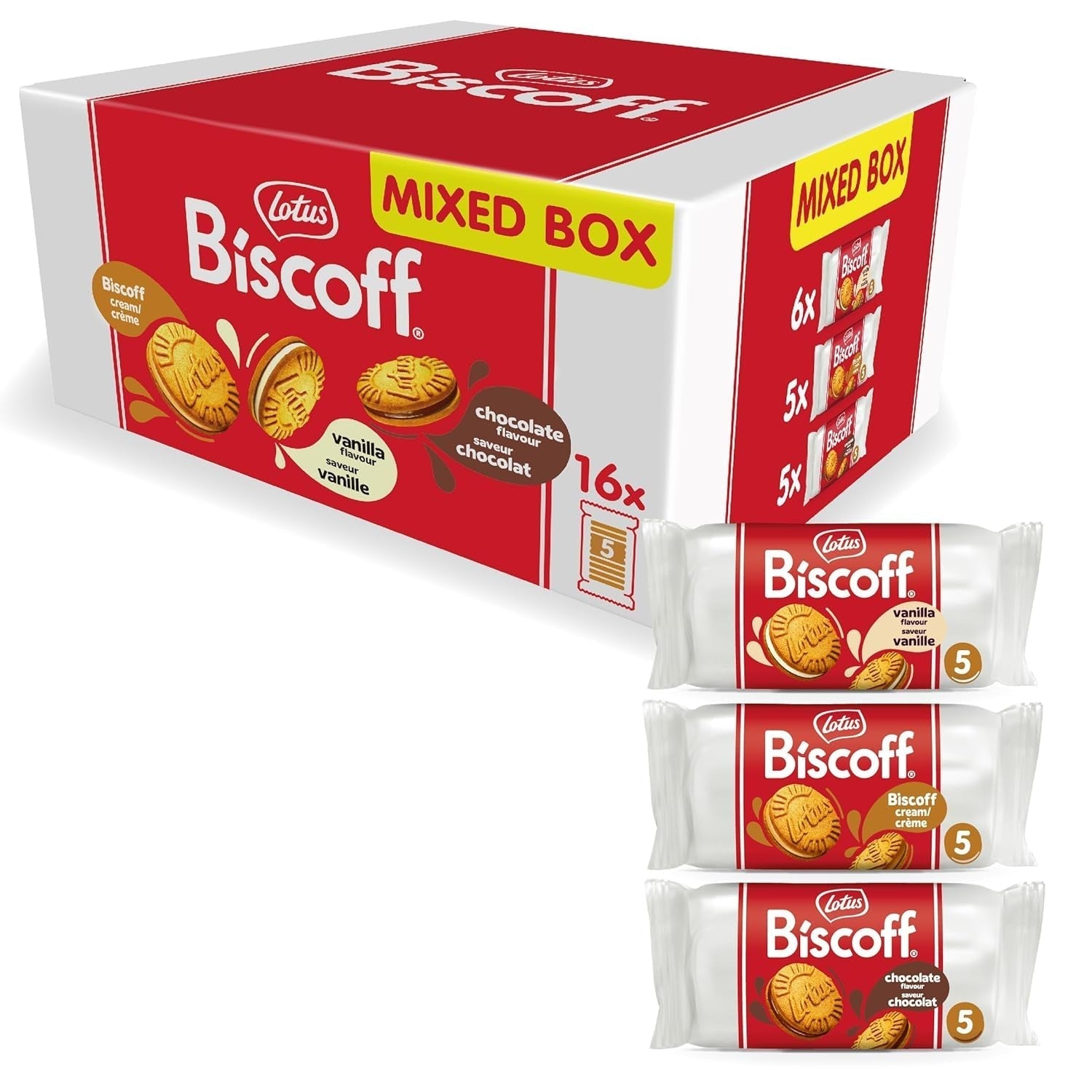 Loto Biscoff | Confezione varietà di biscotti doppi | 3 Varietà: Crema Biscoff, Gusto Vaniglia e Cioccolato | 5 biscotti doppi per confezione | Ingredienti di origine naturale | Senza coloranti | 16 x 50 g | 800 g
