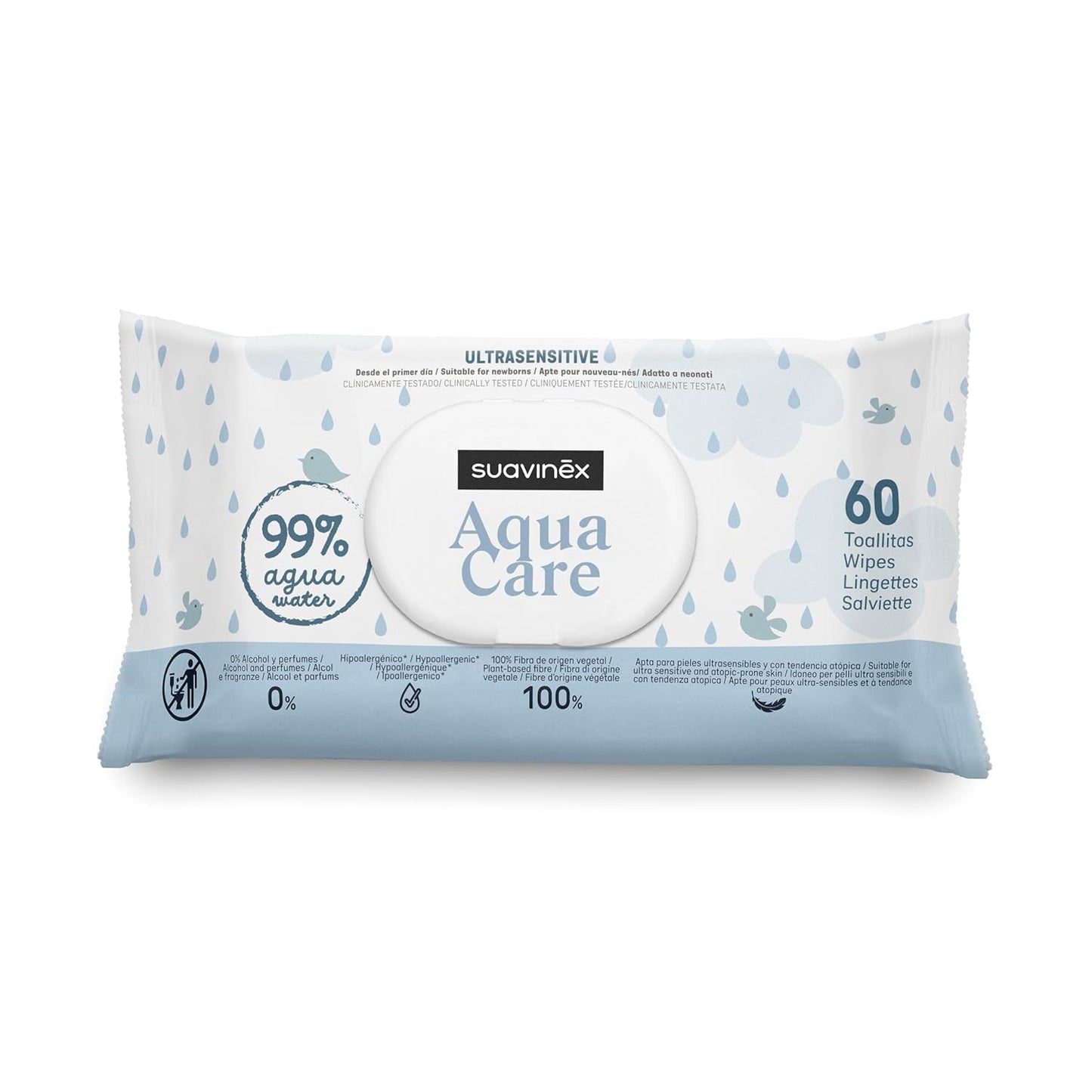 Suavinex Aqua Care Baby Salviettine umidificate 60 salviette detergenti 99% fibre vegetali acquatiche Aloe Vera Senza profumo Senza alcool Dermatologicamente testato Adatto per pelli sensibili