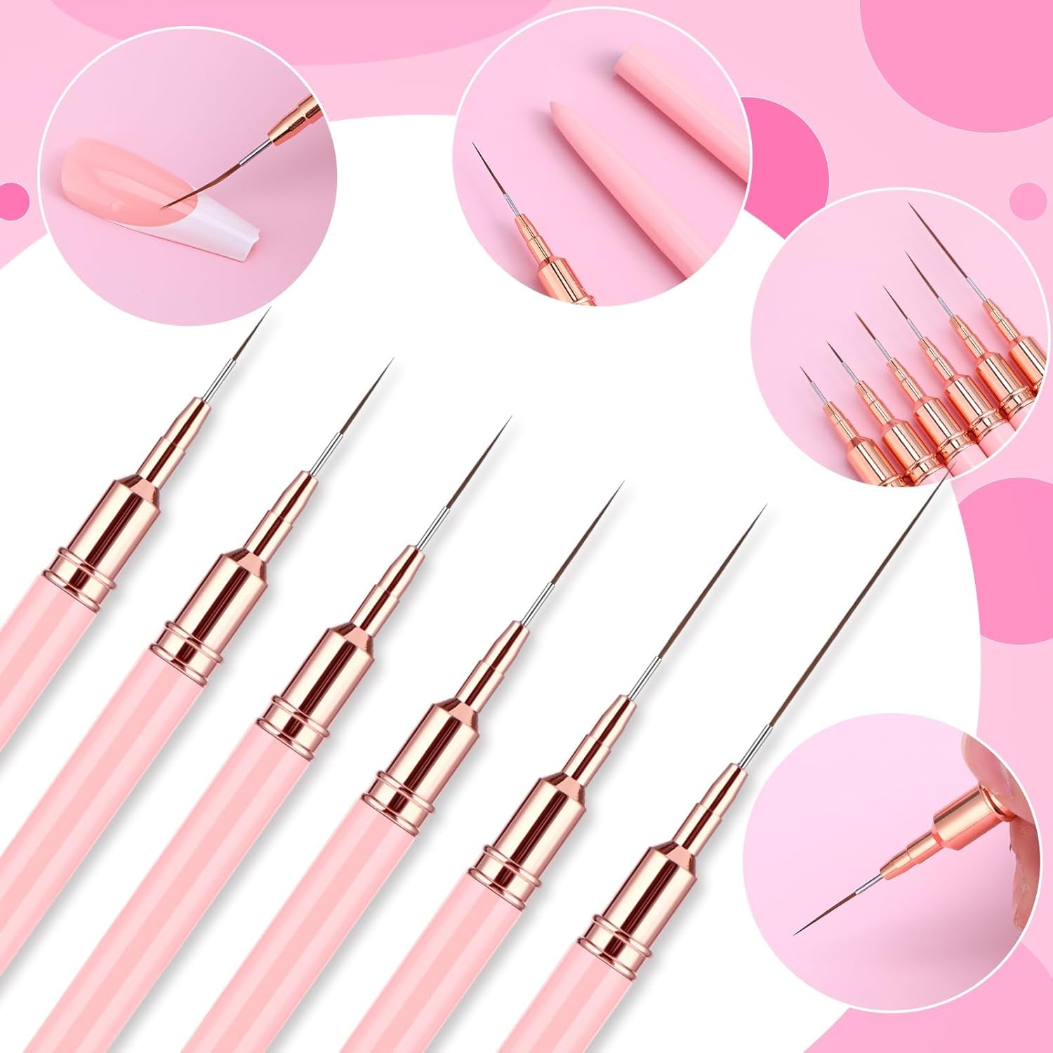6 pezzi Liner Nailart Pinsel Nageldesign Pinsel Set Dünn Acryl Nagelpunkt-Zeichenwerkzeug Nägel Dünne Nagelpinsel Set Für Lange Linien, Dünne Details, Feines Zichnen 5/7/9/11/15/25 Mm（Rosa）