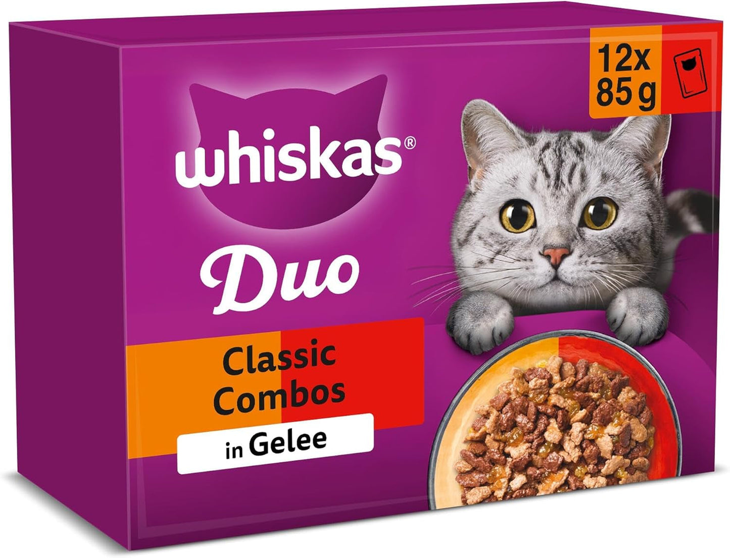 WHISKAS Duo Bustine per Alimenti Umidi, Confezione Multipla, Combinazione Classica in Gelatina, 12 x 85g