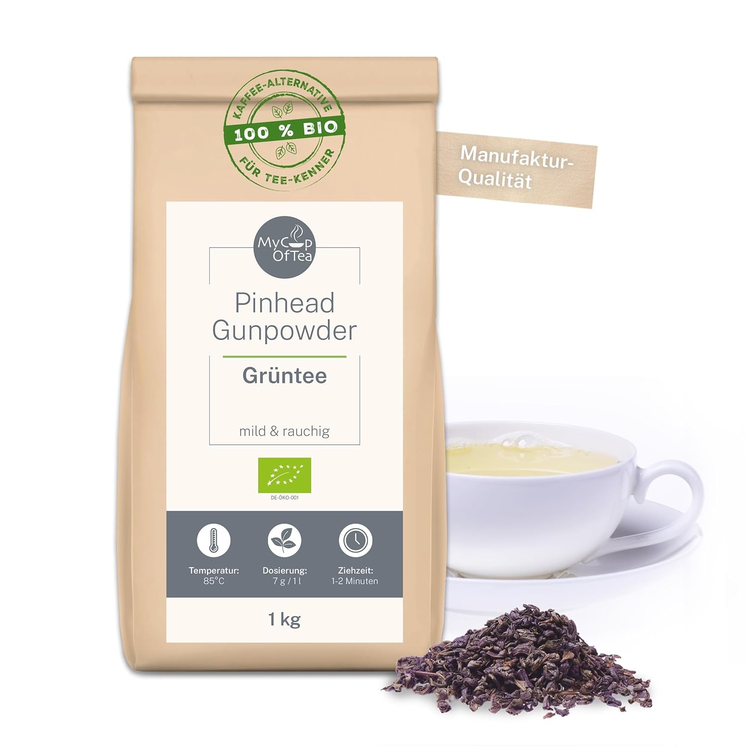 Tè verde biologico Pinhead Gunpowder sfuso 1kg – Tè verde biologico di alta qualità proveniente dalla Cina – Gusto leggermente affumicato – Per buongustai e intenditori di tè – Mycupoftea