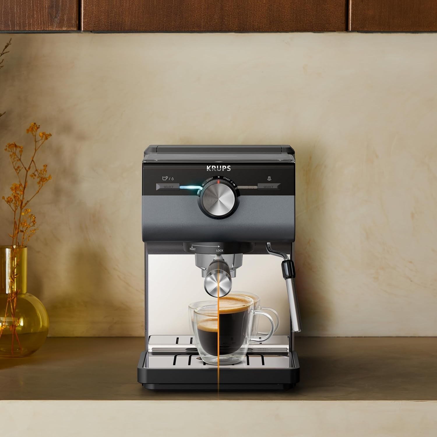 Macchina per caffè espresso KRUPS Authentic+, 15 bar, funzionamento intuitivo, design sofisticato, ugello vapore, accessori estesi inclusi, Bullet Dark silver/Stainless steel, XP384G10