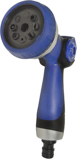 590078 – Set tubo a spirale blu 15 metri (diametro 9 mm) + pistola multifunzione con 8 ugelli + filettatura interna automatica con adattatore ¾-½ + 2 connettori rapidi + staffa di sospensione