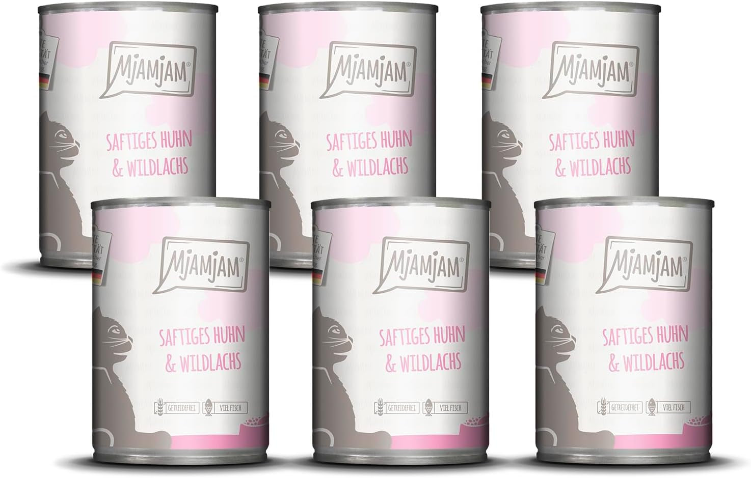 MjAMjAM - Alimento umido premium per gatti - Pollo succoso e salmone selvatico, confezione da 6 (6 x 400 g) senza cereali con carne extra