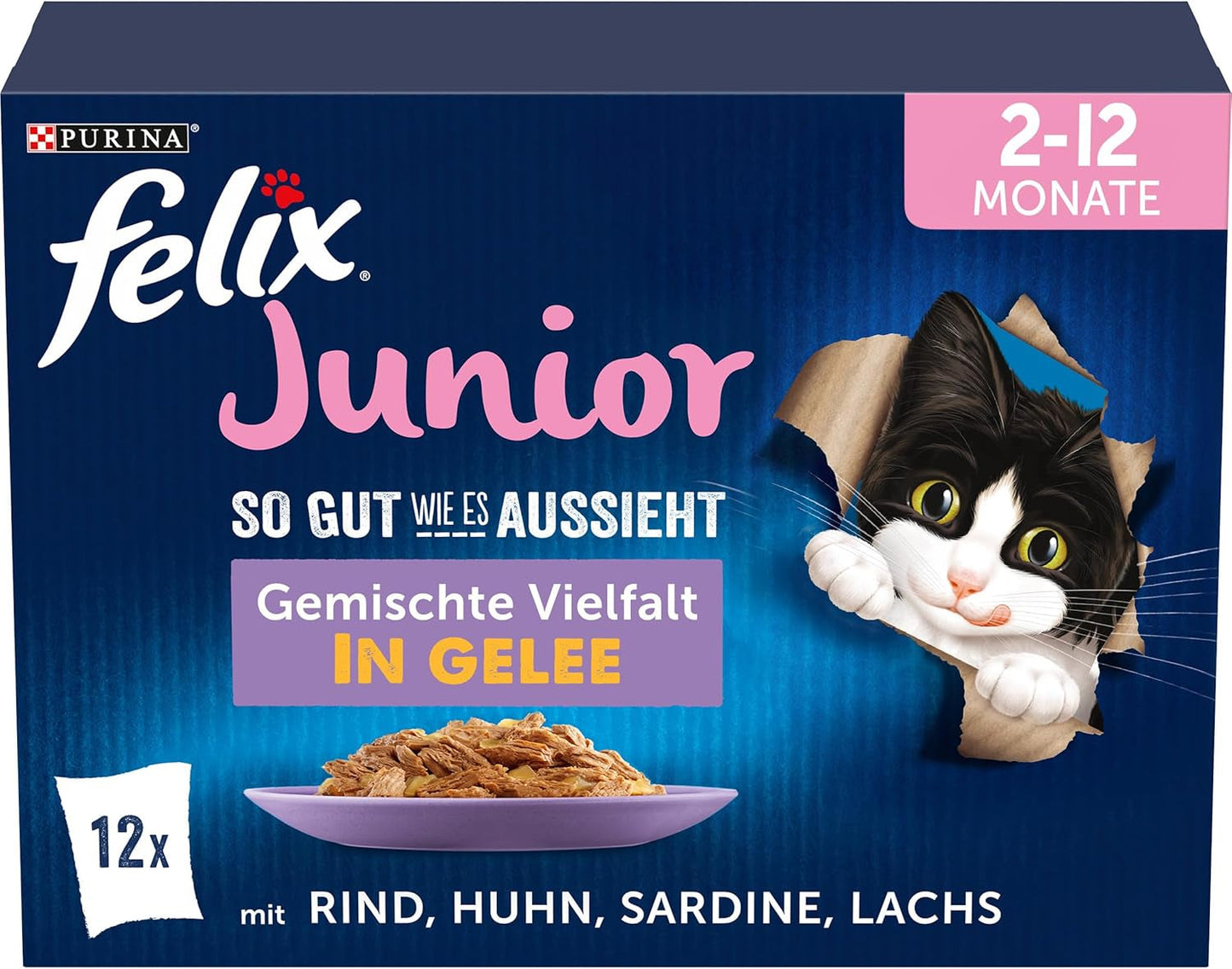 Felix As Good As It Looks Junior Alimento umido in gelatina per gattini, mix assortiti, conf. da 6 (6 x 12 buste da 85g ciascuna)
