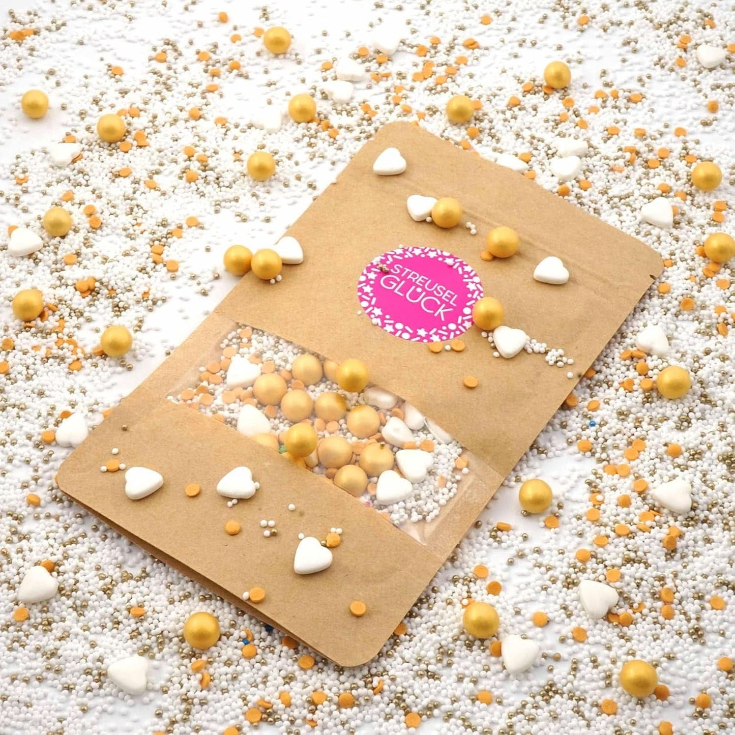 Streusel Glück, Sprinkles con cuori bianchi e palline dorate, 40 grammi Sprinkles Naty Shop