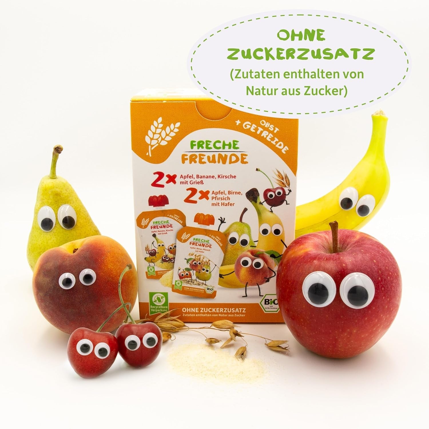FRECHE FREUNDE Mix biologico in busta comprimibile multipack - Frutta + Cereali, purea di frutta con cereali in busta comprimibile per bambini a partire da 6 mesi, vegano, confezione da 3, 3 x (4 x 100 g)
