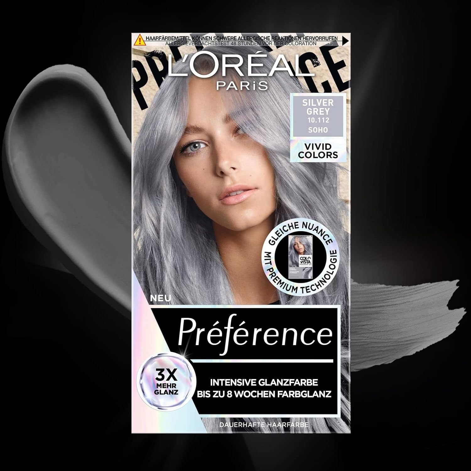 L'Oréal Paris Tinta permanente intensiva per capelli, Fino a 8 settimane di capelli lucenti e colore intenso, Préférence Vivid Colors, Colore: 10.112 SILVER GREY, 1 pz (confezione da 2) Tintura per capelli Naty Shop