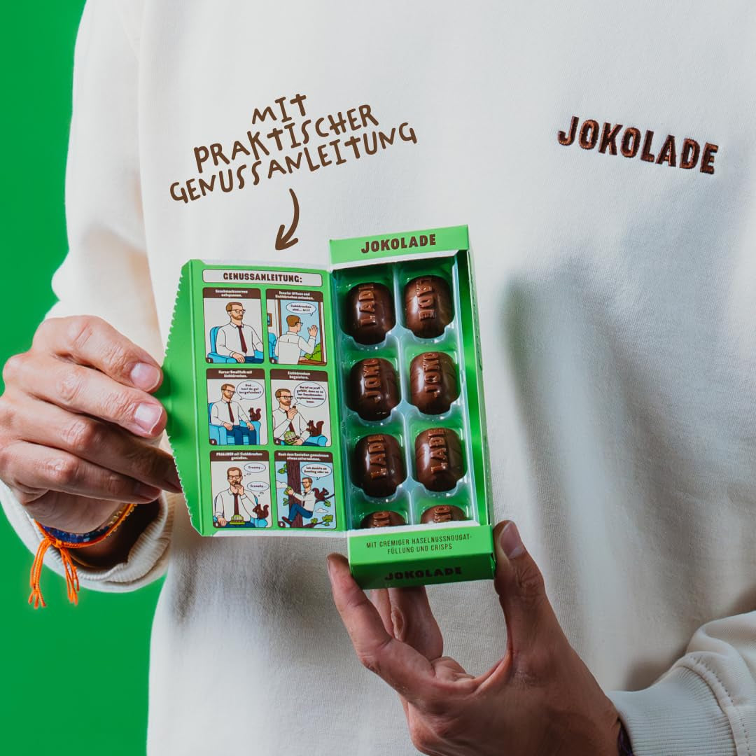 JOKOLADE PRALINE Scatola 80g | Ripieno generoso con crema di torrone alla nocciola e chips | Cioccolato del commercio equo e solidale di Joko Winterscheidt