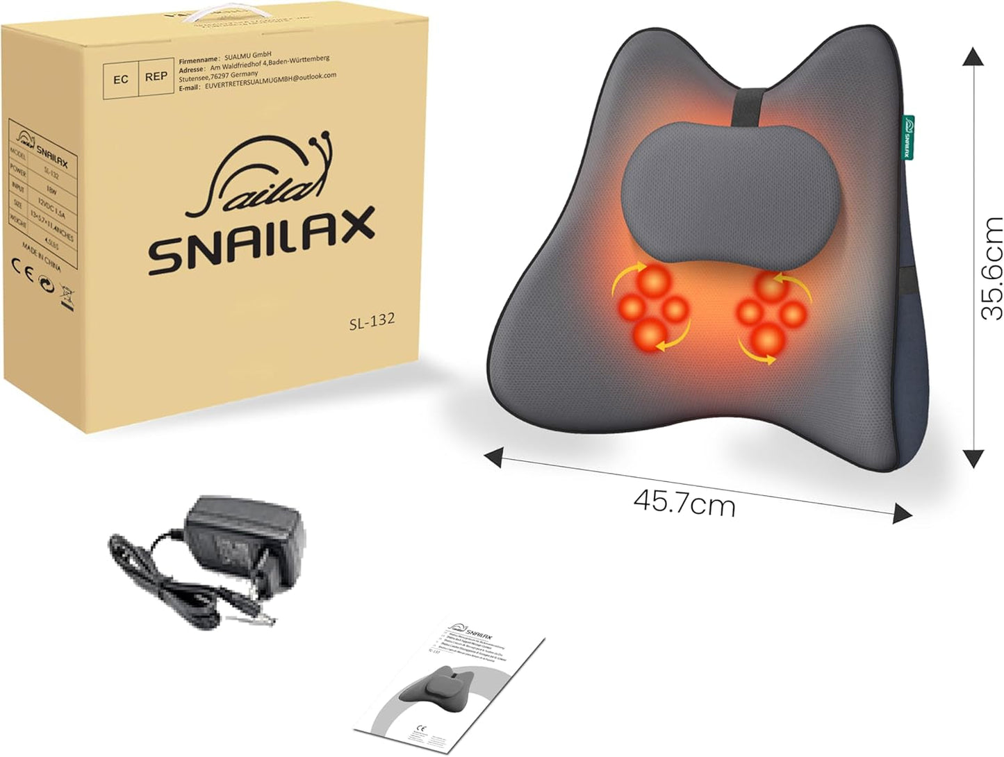 Cuscino ergonomico di supporto lombare Snailax con massaggio e calore, cuscino per la schiena shiatsu in memory foam, cuscino per il sedile con 3 intensità di massaggio | 2 livelli di calore | 3 timer | postura seduta comoda