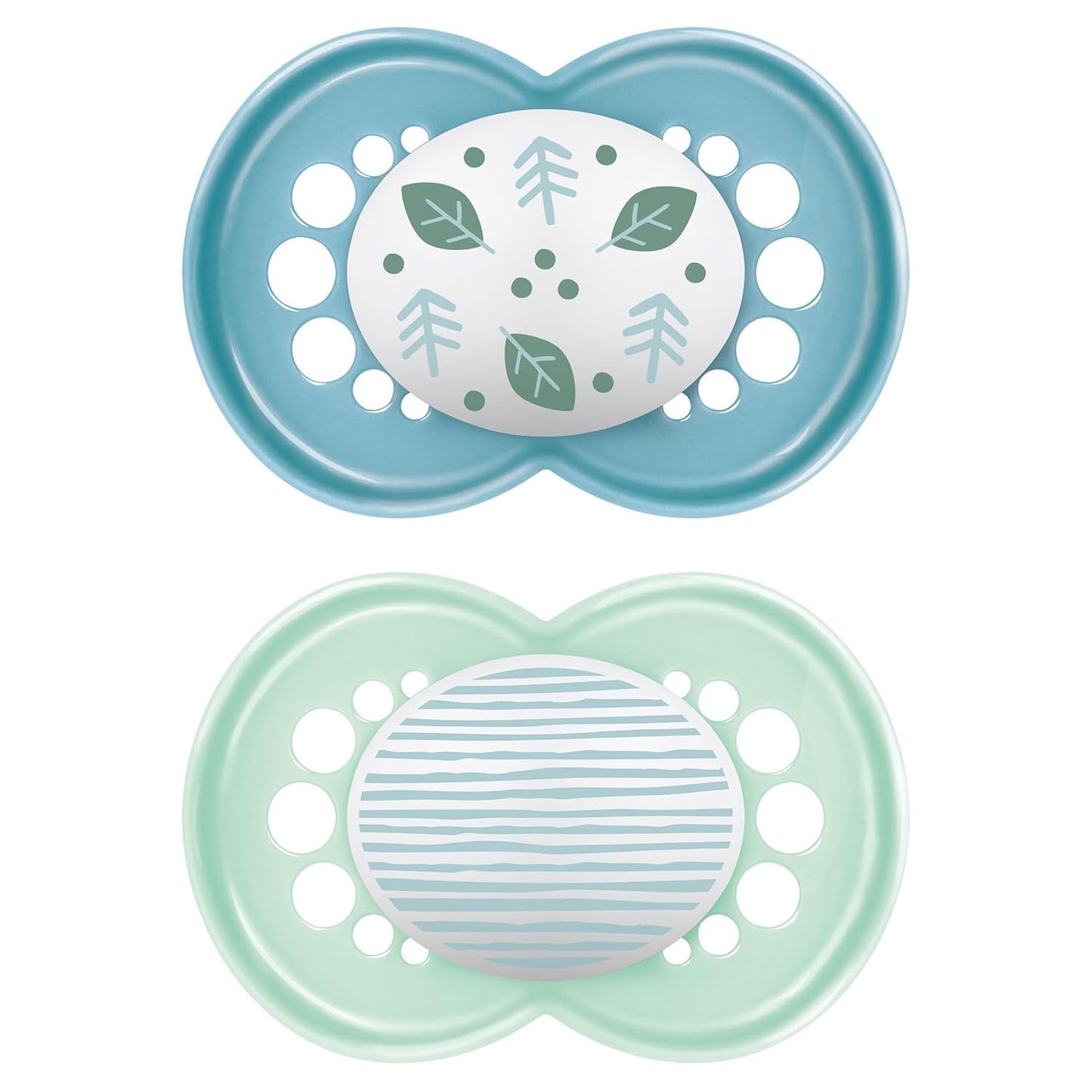 Ciuccio MAM da 6 mesi con tettarella simmetrica, piatto e flessibile, morbido silicone, facile da usare, con scatola autosterilizzante, Originale, Azzurro, 2 pezzi