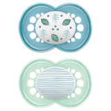 Ciuccio MAM da 6 mesi con tettarella simmetrica, piatto e flessibile, morbido silicone, facile da usare, con scatola autosterilizzante, Originale, Azzurro, 2 pezzi