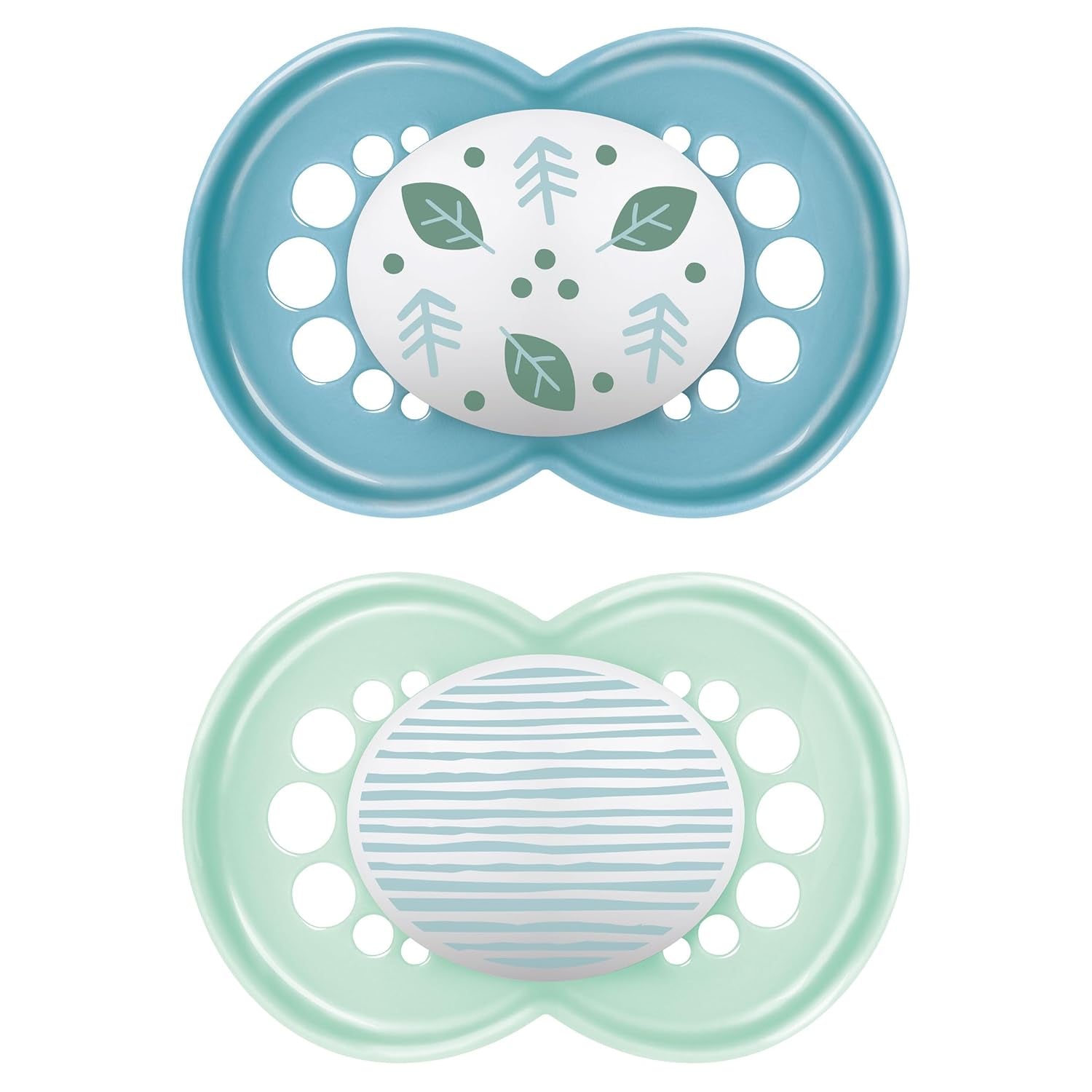 Ciuccio MAM da 6 mesi con tettarella simmetrica, piatto e flessibile, morbido silicone, facile da usare, con scatola autosterilizzante, Originale, Azzurro, 2 pezzi