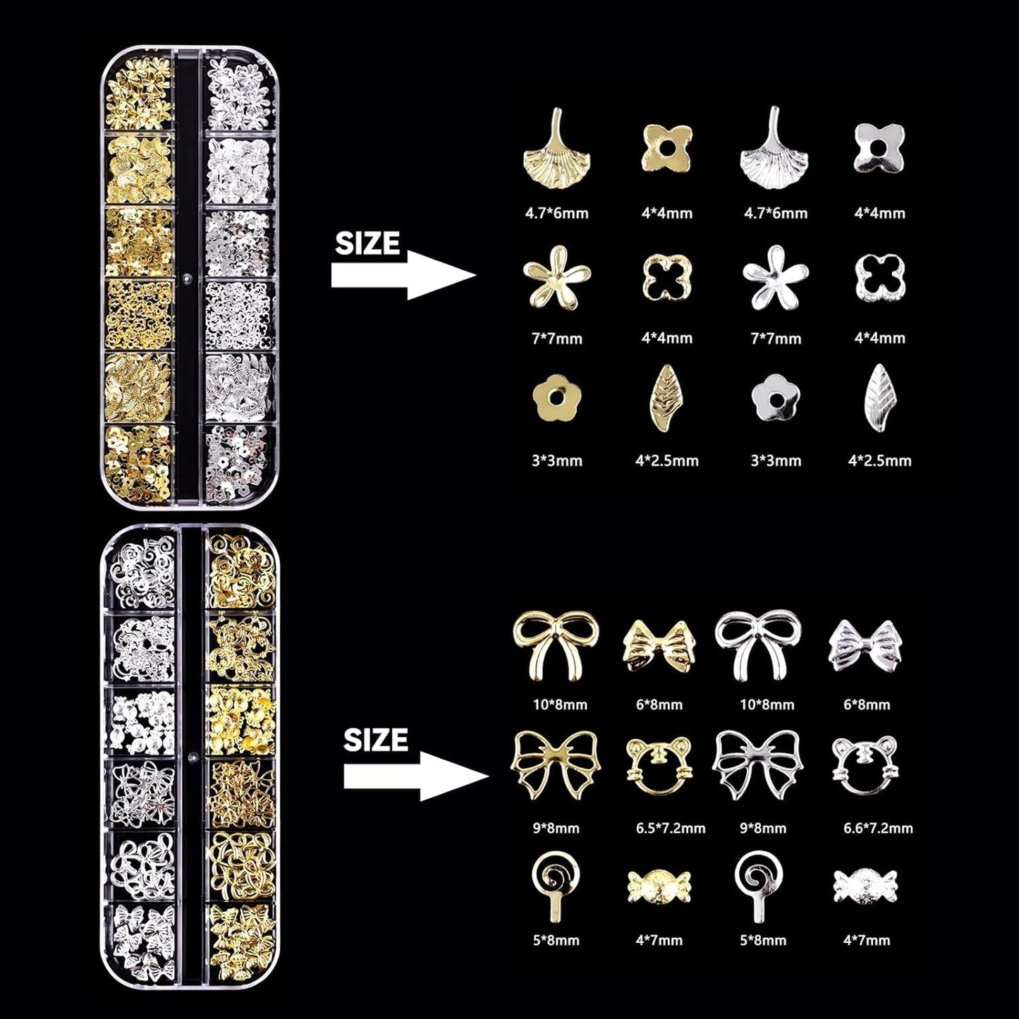 Portachiavi per unghie Set da 4 scatole - 48 tipi di portachiavi per unghie 3D in oro e argento (farfalle, fiori, perle, ecc.) + pinzette e penna - Per unghie in gel e acrilico fai da te | Ideale per salone di bellezza e casa