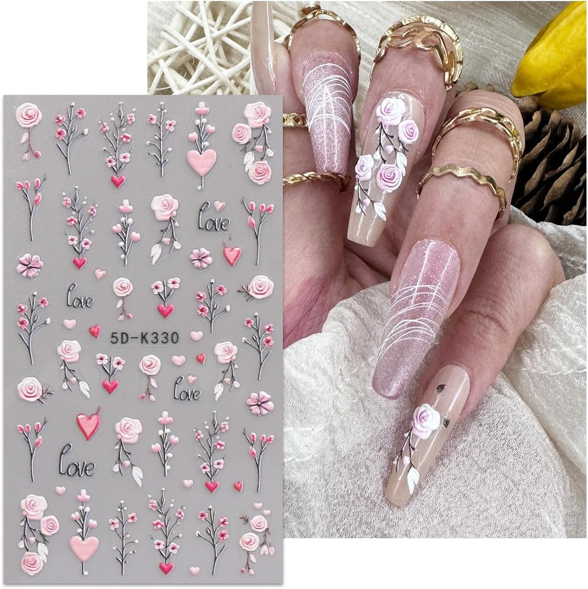 JMEOWIO 3D Nagelsticker Blumen Nail Art Sticker Selbstklebend Nagelaufkleber 5D Stereoscopico Frühling Sommer Dekoration Nageldesign Zubehör 4 Blatt