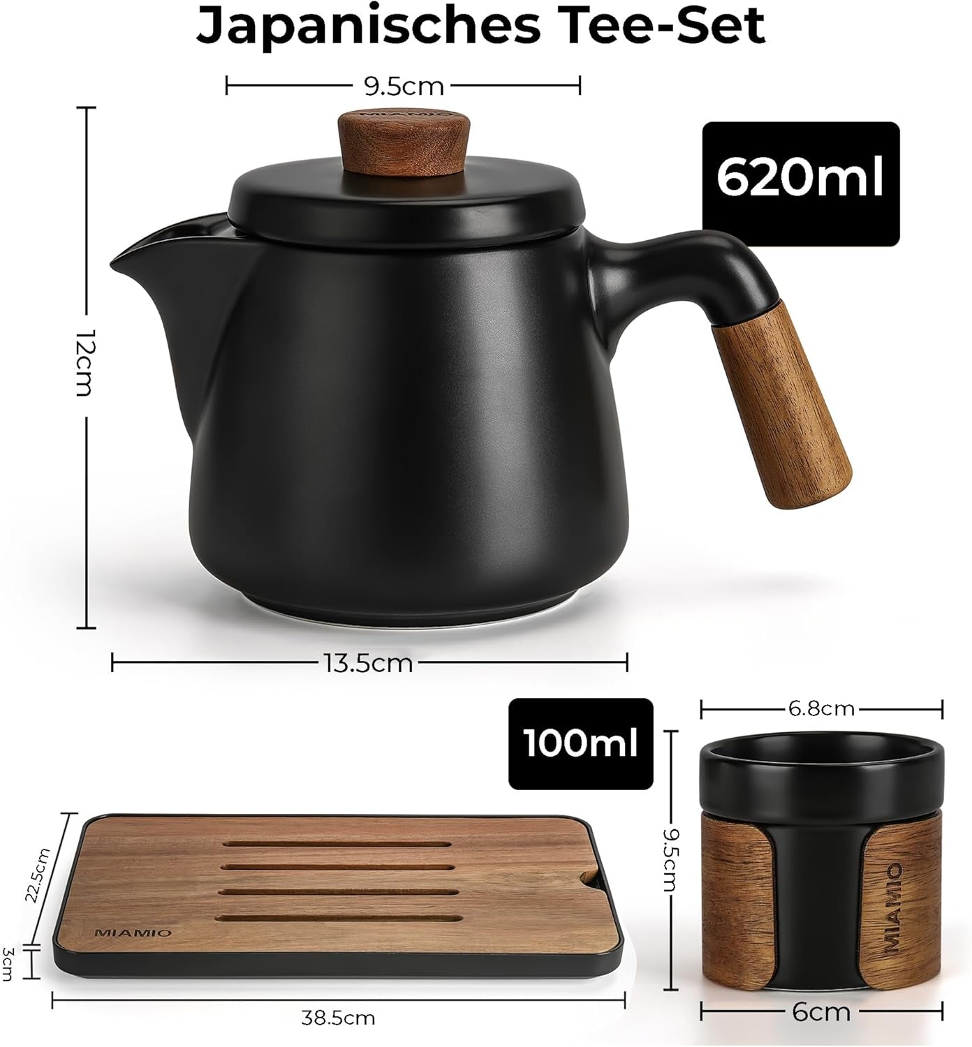 MIAMIO - Set da tè giapponese/cinese 6 x 100 ml / Teiera asiatica da 620 ml con infusore per il tè, set da teiera tradizionale giapponese per amanti del tè/uomini/donne (nero)