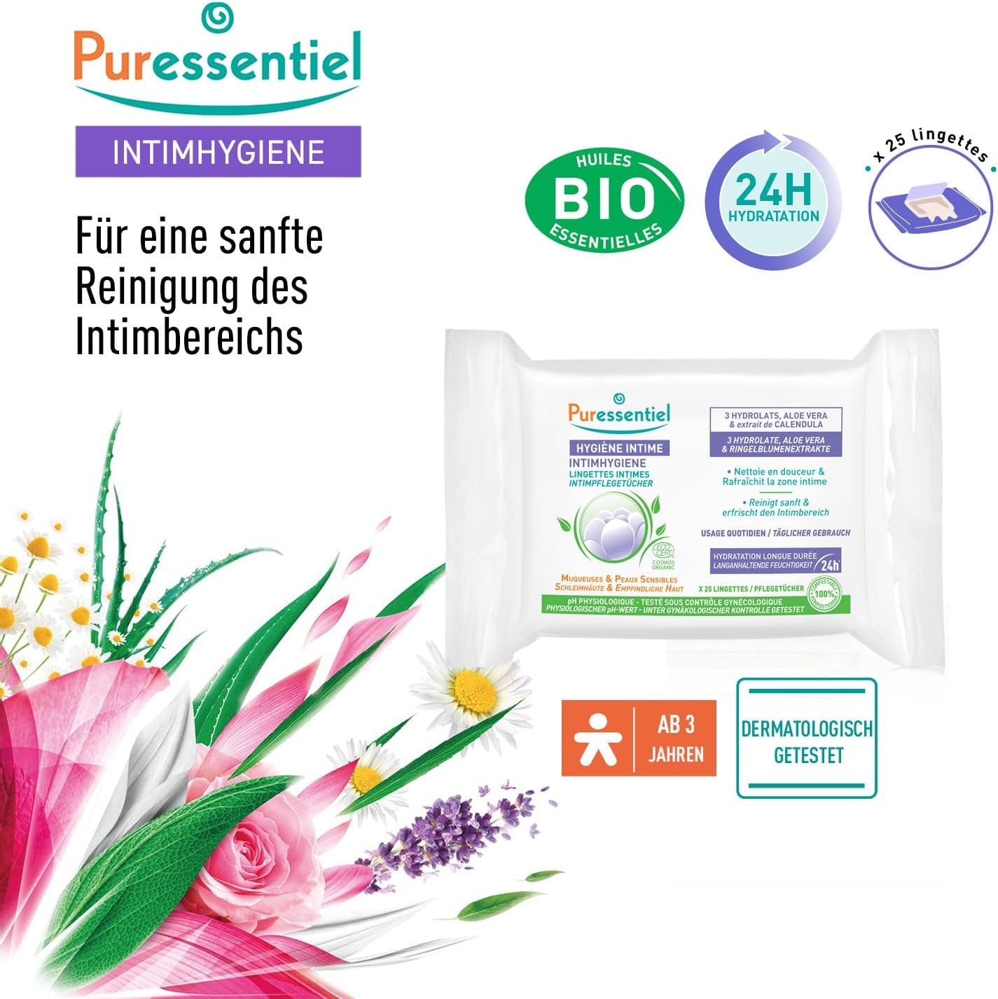 Puressentiel - Igiene intima - Salviette intime - Detergenti e rinfrescanti - Mucose e pelle sensibili - Idratazione lunga durata 24 ore - Per uso quotidiano - X25 pz.