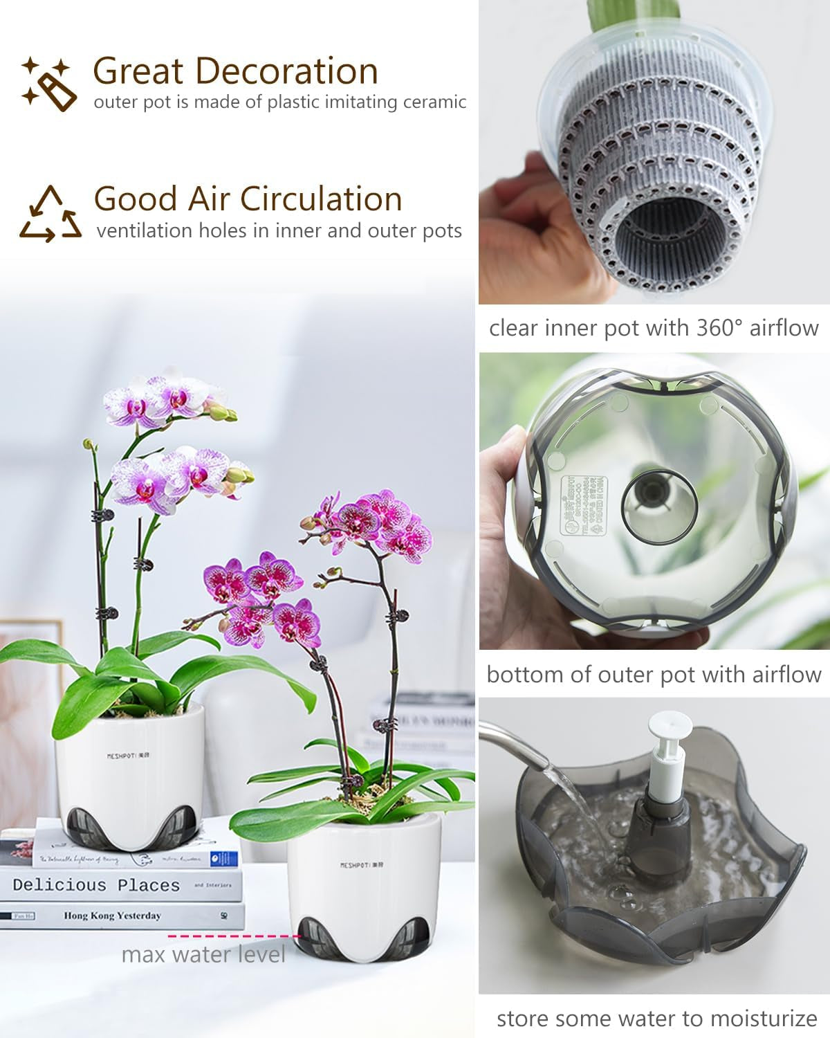 Vaso da fiori per orchidee con fori di drenaggio per trapianto, eccellente circolazione dell'aria, 2 pezzi, plastica a doppio strato, fioriera per orchidee in ceramica, vaso da fiori per orchidee trasparente, decorativo