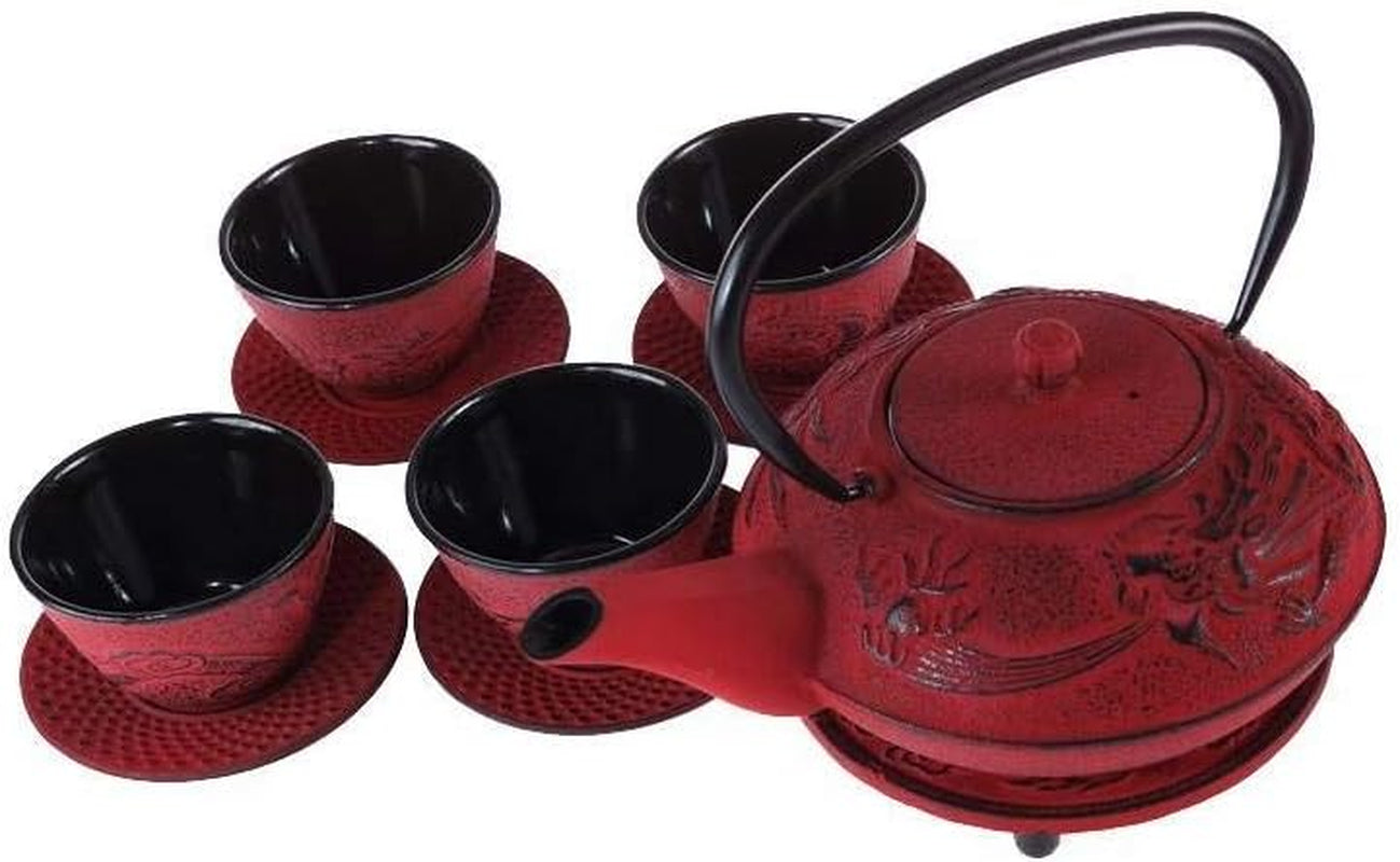 – Set da tè Drago cinese – 1 teiera, 4 tazze in ghisa e colino da tè – Capacità 0,8 l – Decorazione asiatica giapponese – Idea regalo per stoviglie giapponesi – Colore rosso
