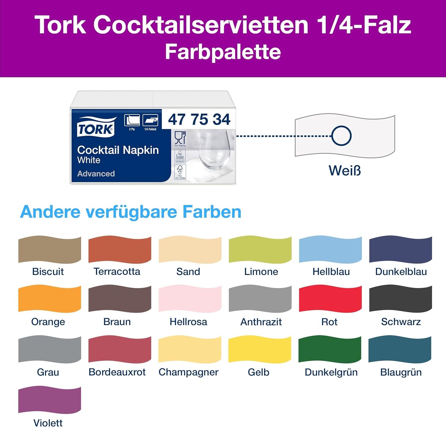 Tork Tovaglioli Cocktail bianchi, piega 1/4, 2 veli, 24 cm × 24 cm, 200 tovaglioli, 477534