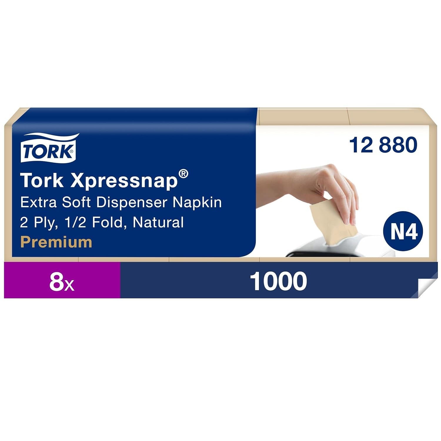 Tork Xpressnap Extra Soft Nature N4 Tovagliolo dispenser, Premium, 1/2 x 2 veli, 21,3 x 16,5 cm, 8 × 1.000 tovaglioli, 12880