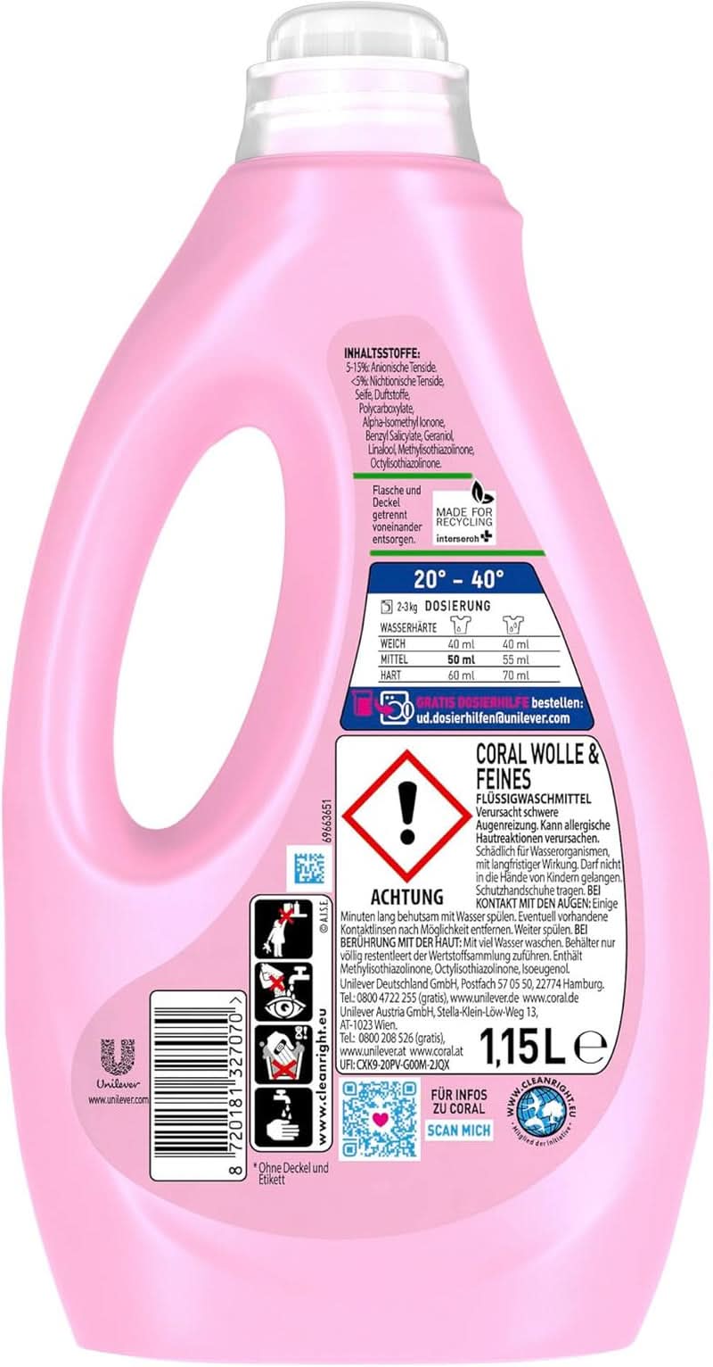Detersivo liquido delicato Corallo per lana e capi delicati, 23 lavaggi, 1,15 litri Detersivi Naty Shop