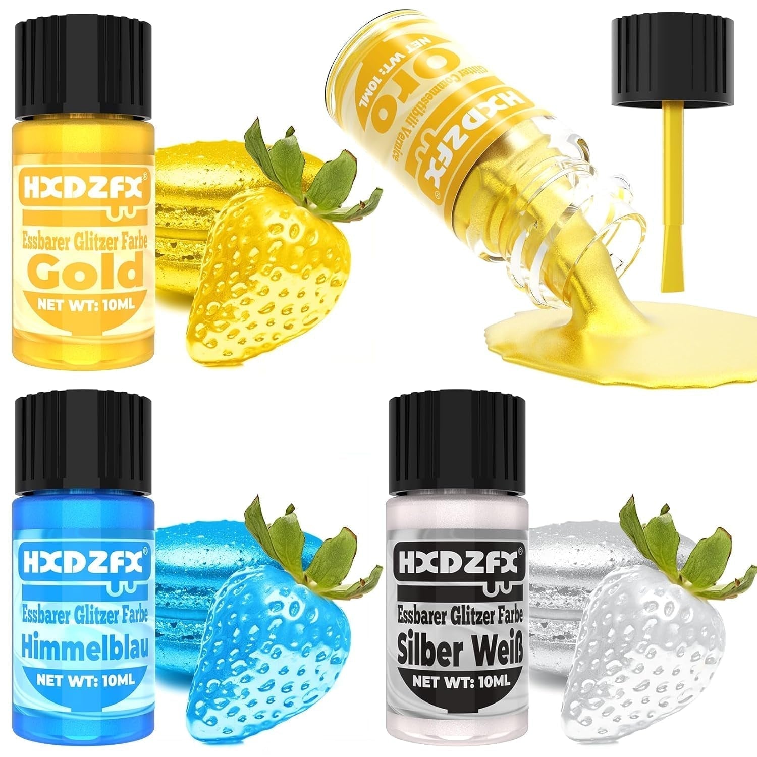 Essbarer Glitzer - 3 Torten Kuchen Deko Essbare, metallizzati Lebensmittelfarbe Flüssiges, commestibili Glitter per muffin, cocktail, marshmallow - 10 ml Naty Shop Titolo predefinito