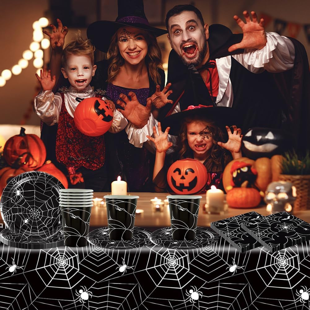 Set di posate di carta Halloween Spider da 49 pezzi, comprensivo di piatti, tovaglioli, bicchieri e tovaglia. Set stoviglie nero con piatti dessert, tovaglioli e bicchieri.