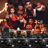 Set di posate di carta Halloween Spider da 49 pezzi, comprensivo di piatti, tovaglioli, bicchieri e tovaglia. Set stoviglie nero con piatti dessert, tovaglioli e bicchieri.