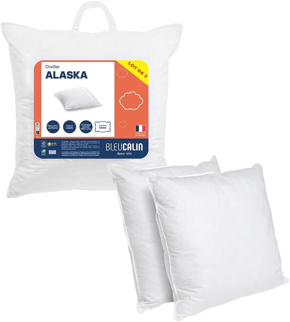 Set di 2 cuscini Câlin blu con comfort costante "Alaska", super imbottitura, busta in percalle di cotone 100%, bianco, forma quadrata 65 x 65 cm Naty Shop Cuscini standard
