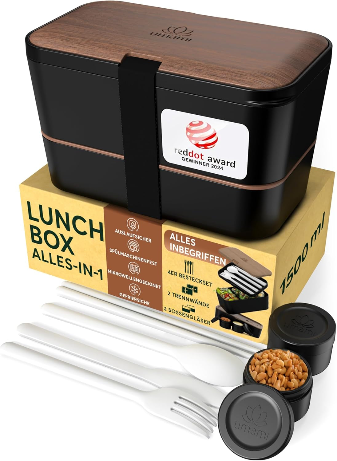 Umami Lunch Box per Adulti, Bento Box impilabile a tenuta stagna con 4 posate e scomparti, Lunch Box per adulti, Contenitore per insalata da asporto, Lunch box per picnic/ufficio, Grigio antracite, 1500 ml Naty Shop Scatole per alimenti in noce nera L - 1500 ml Impilabili l'uno dentro l'altro