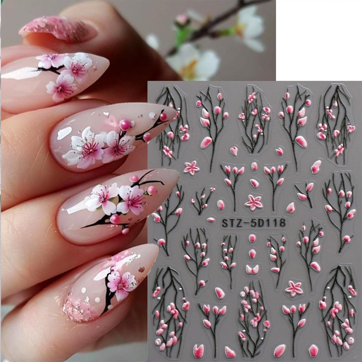 JMEOWIO 3D Nagelsticker Blume Nail Art Sticker Self-klebend Nagelaufkleber 5D Stereoscopico Frühling Sommer Floral Dekoration Nageldesign Zubehör 4 Blatt
