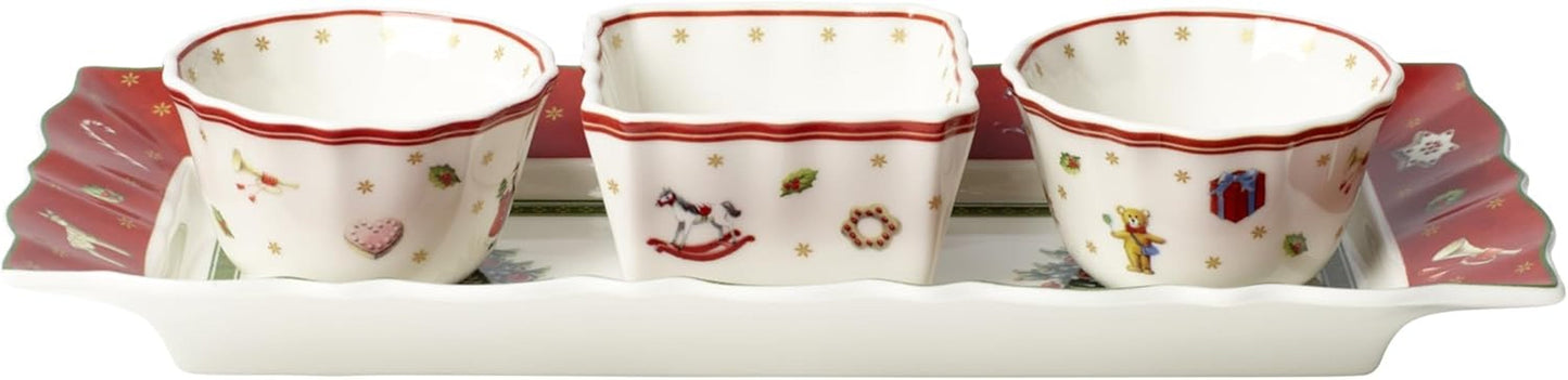 Villeroy & Boch - Toy's Delight Set per sughi, 4 pezzi, Piatto da portata con ciotole, Set di ciotole per sugo di Natale, Decorazione da tavola giocattolo, Vassoio da portata, Ciotole, Stoviglie natalizie, Porcellana Premium