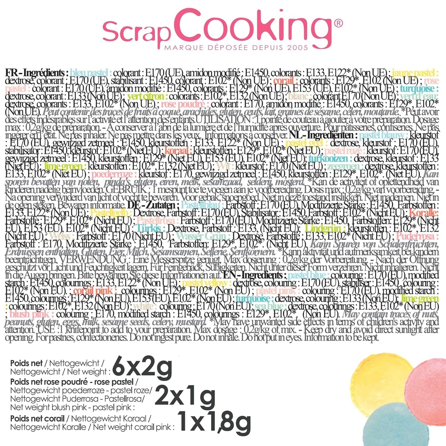 Scrapcooking - Set di 9 coloranti alimentari pastello - Blu, Giallo, Corallo, Rosa, Turchese, Verde lime, Bianco, Verde acqua, Rosa cipria - Polvere colorante commestibile per torte, muffin, macarons - 4272