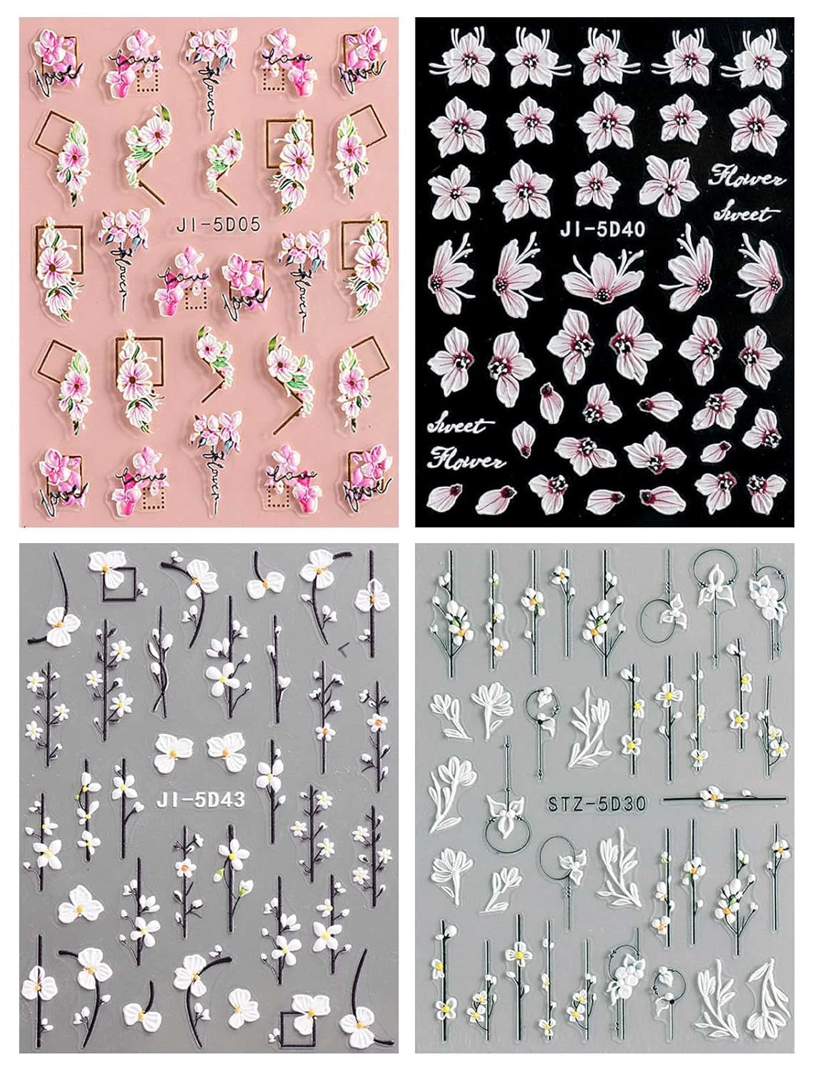 JMEOWIO 3D Nagelsticker Frühling Blume Nail Art Sticker Selbstklebend Nagelaufkleber 5D Stereoscopic Buntes Sommer Blumen Dekoration Nageldesign Zubehör 4 Blatt