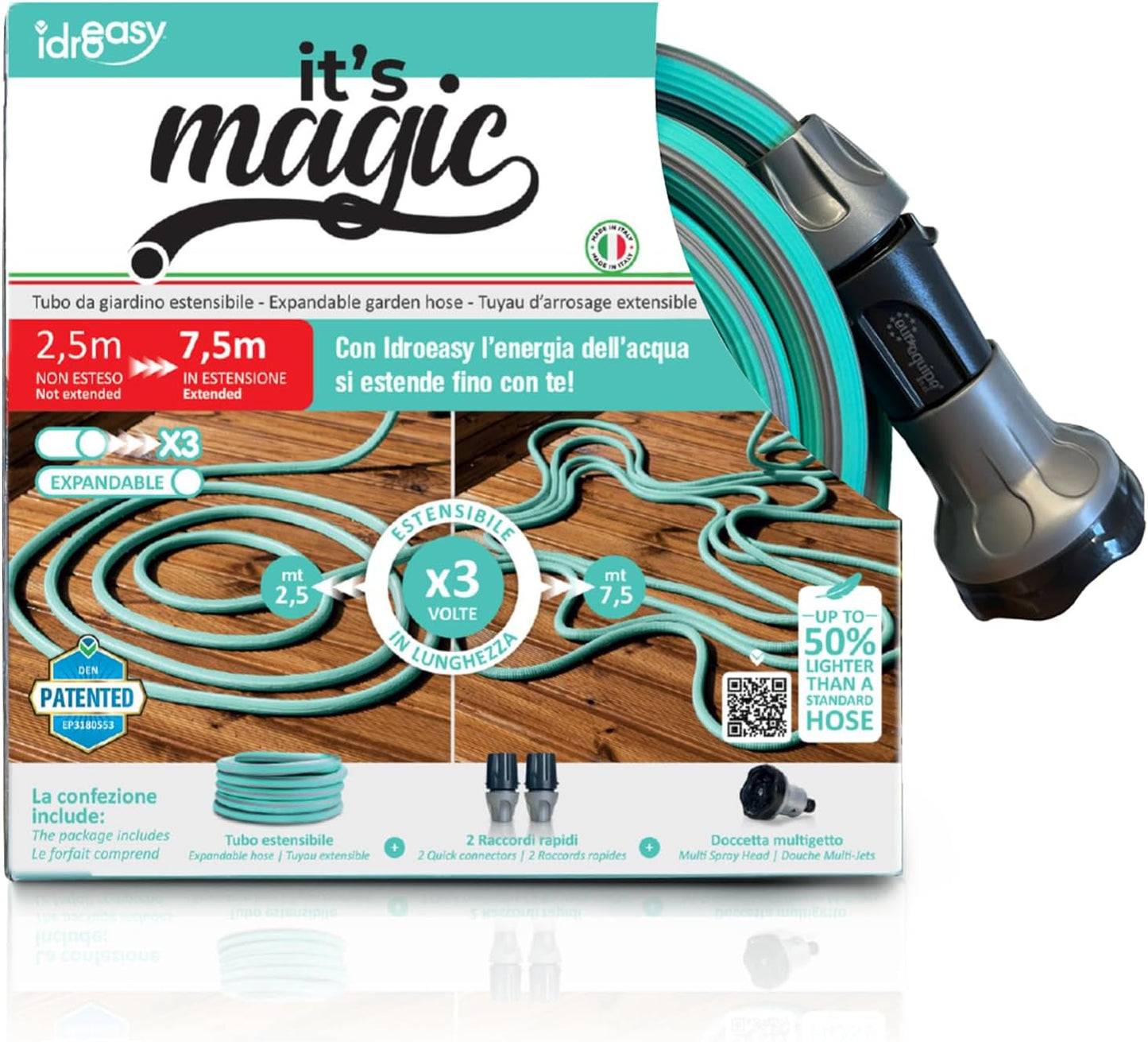 Tubo da giardino estensibile fino a 7,5 metri, 1/2" (12,5 mm), con doccetta e 8 funzioni, Idroeasy