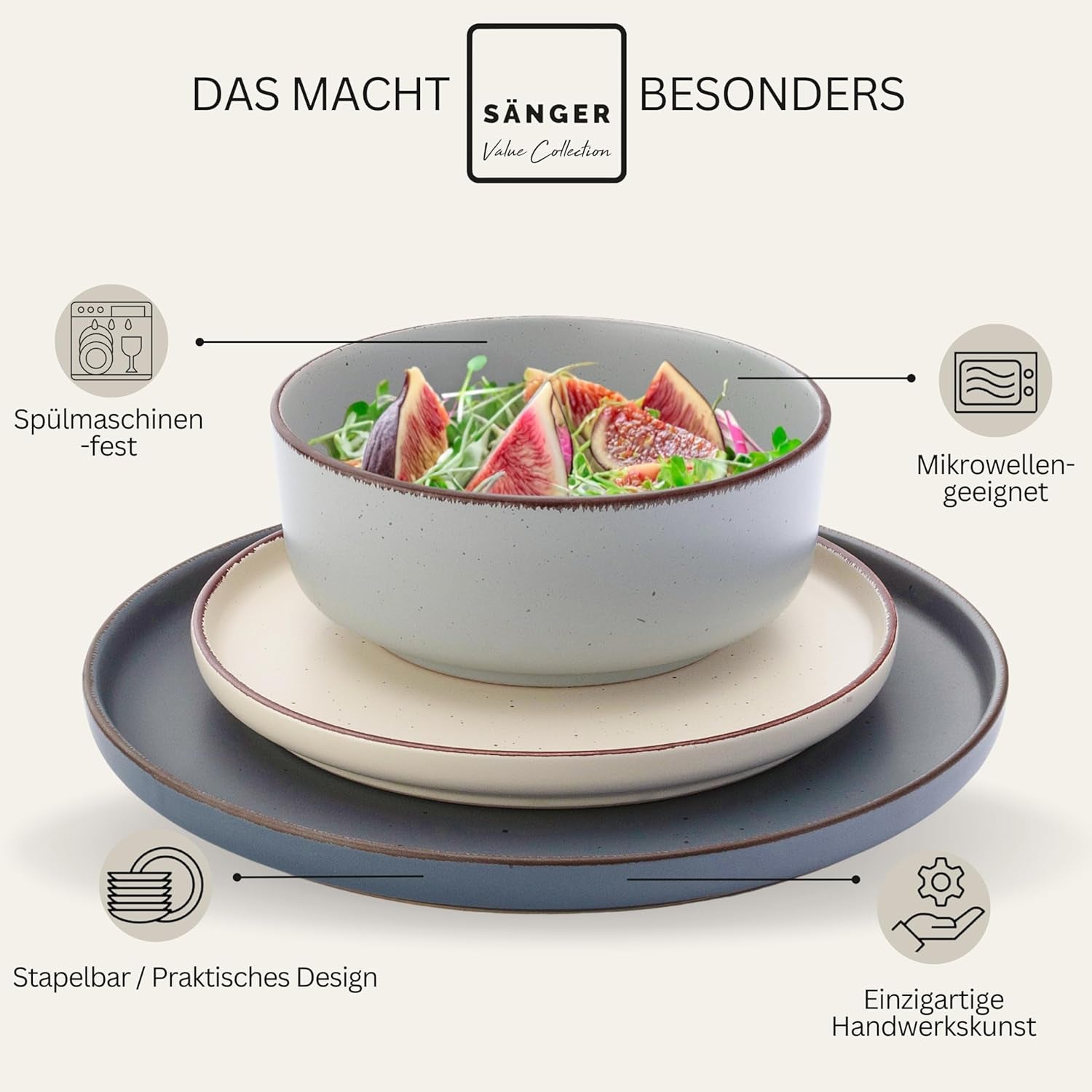 SÄNGER Bombay Moonlight | Set di stoviglie in ceramica da 12 pezzi per 4 persone, 4 piatti piani, 4 piatti da dessert, 4 ciotole, colori assortiti | LA COLLEZIONE DI VALORE