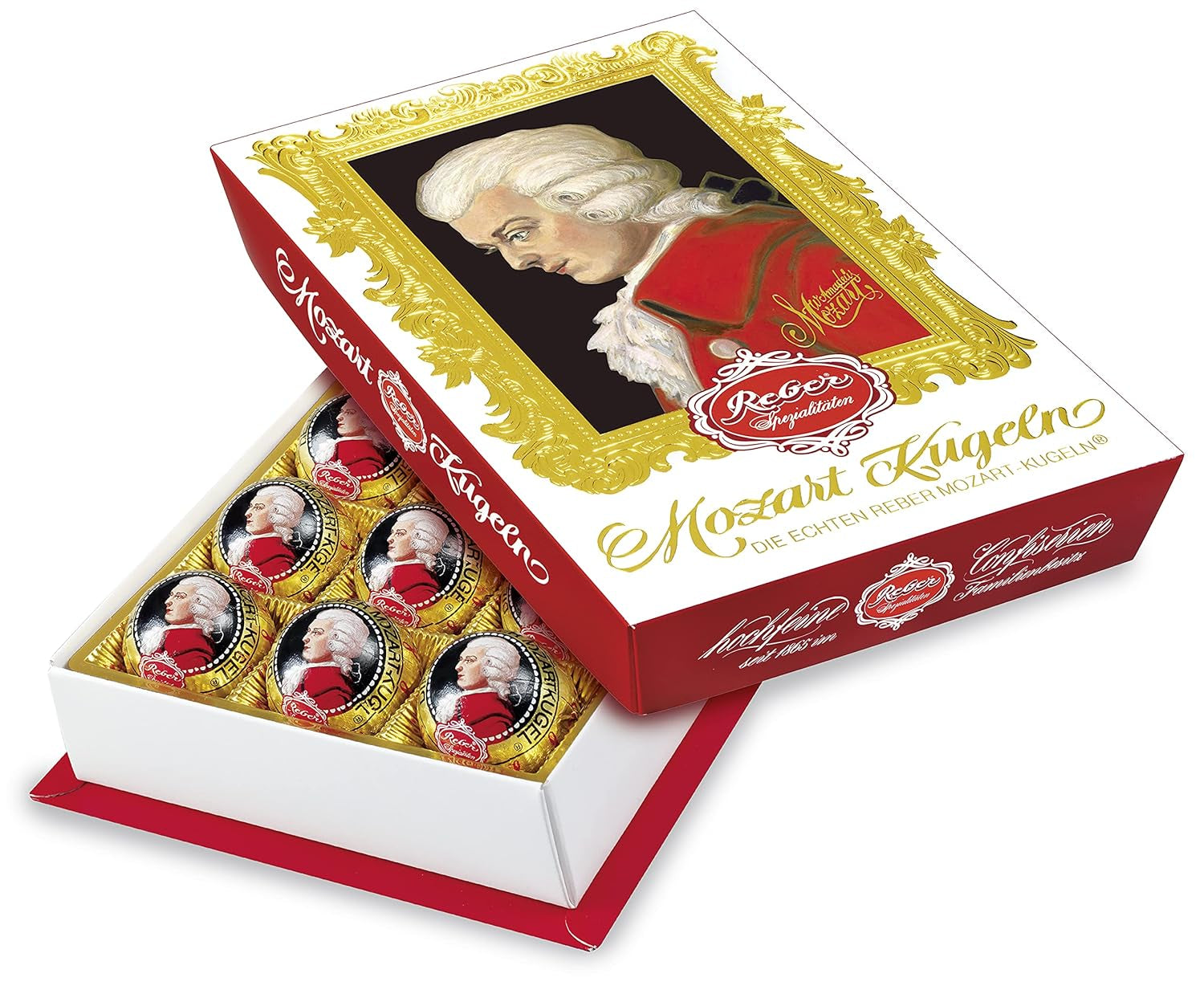 Reber Mozart palline al cioccolato fondente, confezione da 6 con marzapane e torrone, vegan - 1 x 120 g