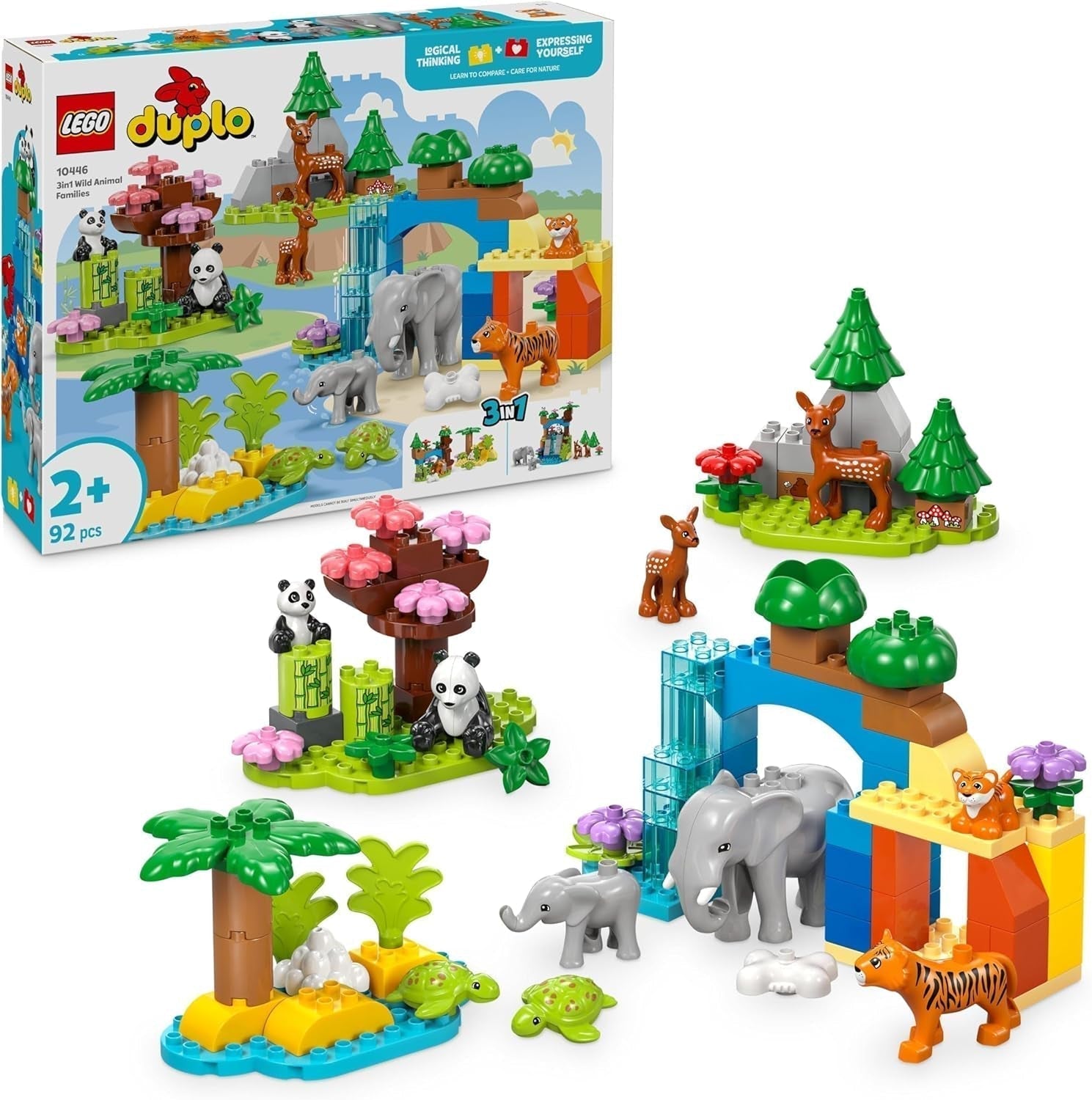 LEGO DUPLO Town Wild Animal Families Set 3 in 1, Giocattolo educativo per bambini con tartarughe, tigri, elefanti, cervi, panda, set per bambini in età prescolare di 2 anni, giocattolo costruibile con figure di animali 10446 Set da costruzione Beuche den LEGO-Store Titolo predefinito