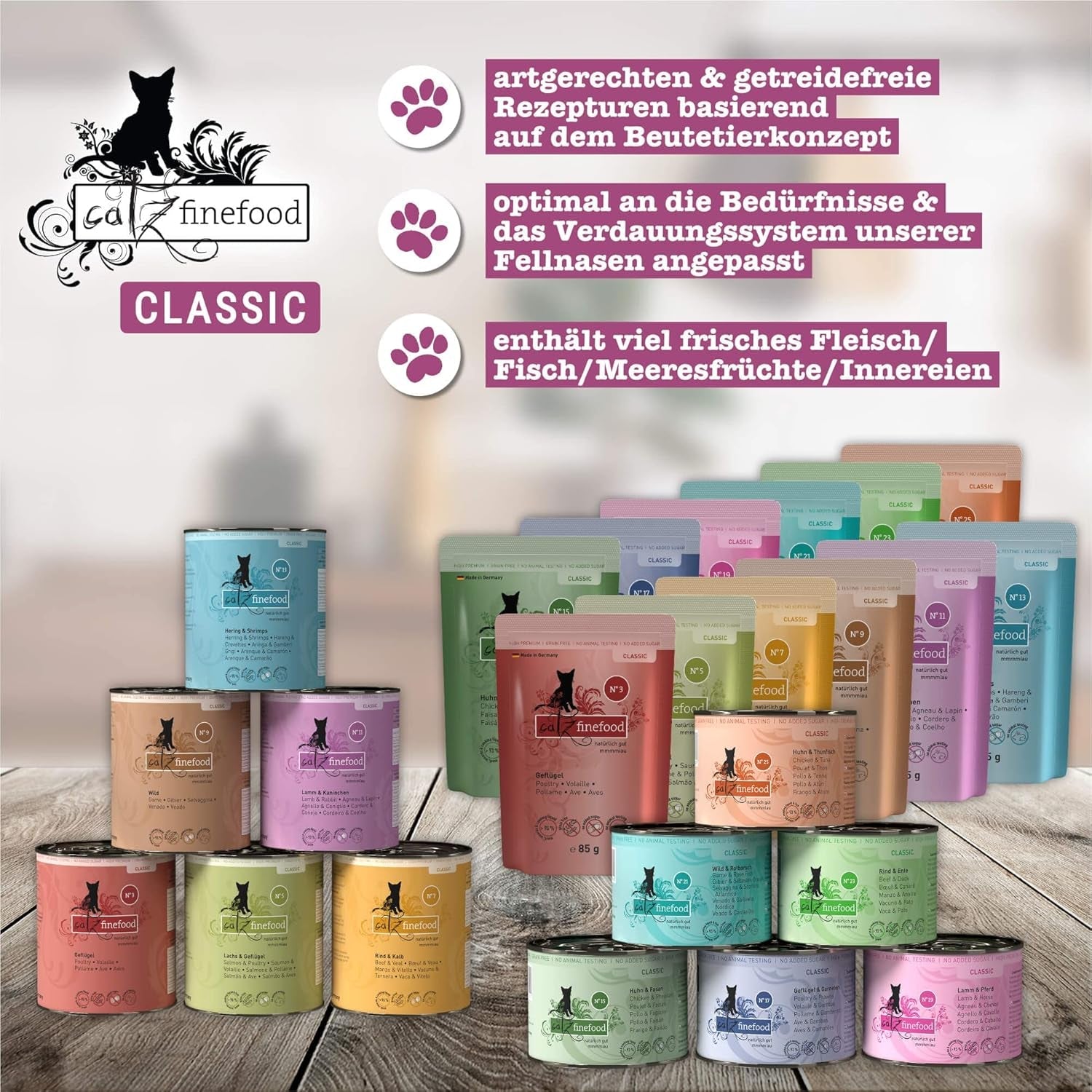 Catz Finefood Classic Collection Confezione mista Cibo umido per gatti - Cibo umido gourmet per il tuo gatto, senza cereali e senza zucchero, con un alto contenuto di carne, 24 bustine x 85 g